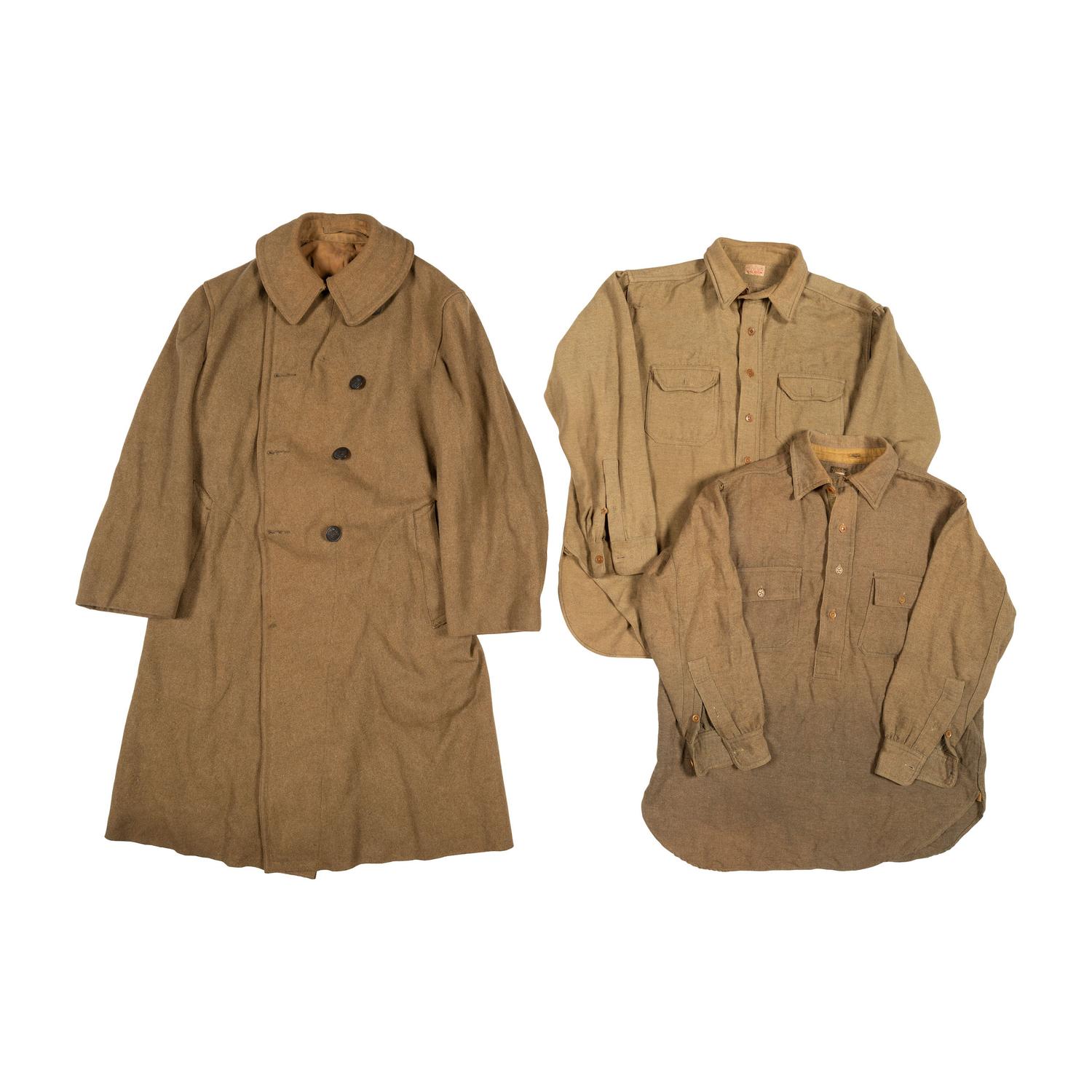 Group of Railheads Jacket and Ambulance Corps Jacket with Ambulance Corps Memorabilia and Greatcoat with Wool Canvas Shirts