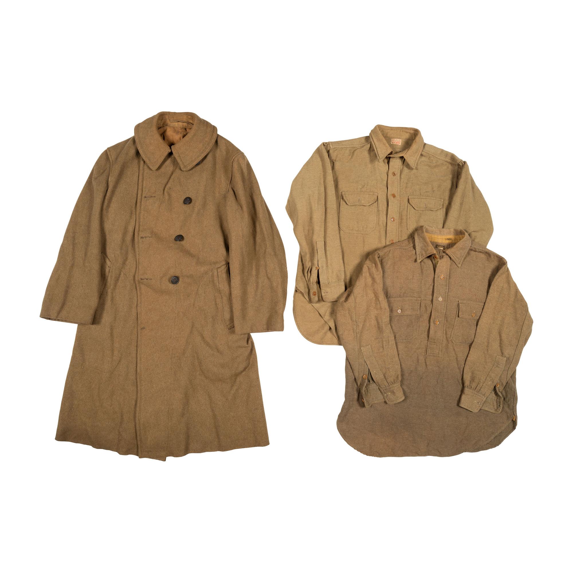 Group of Railheads Jacket and Ambulance Corps Jacket with Ambulance Corps Memorabilia and Greatcoat with Wool Canvas Shirts