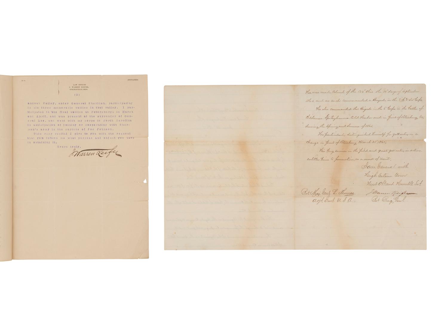 [CIVIL WAR]. General Joseph Warren KEIFER (1836-1932). 2 documents signed.