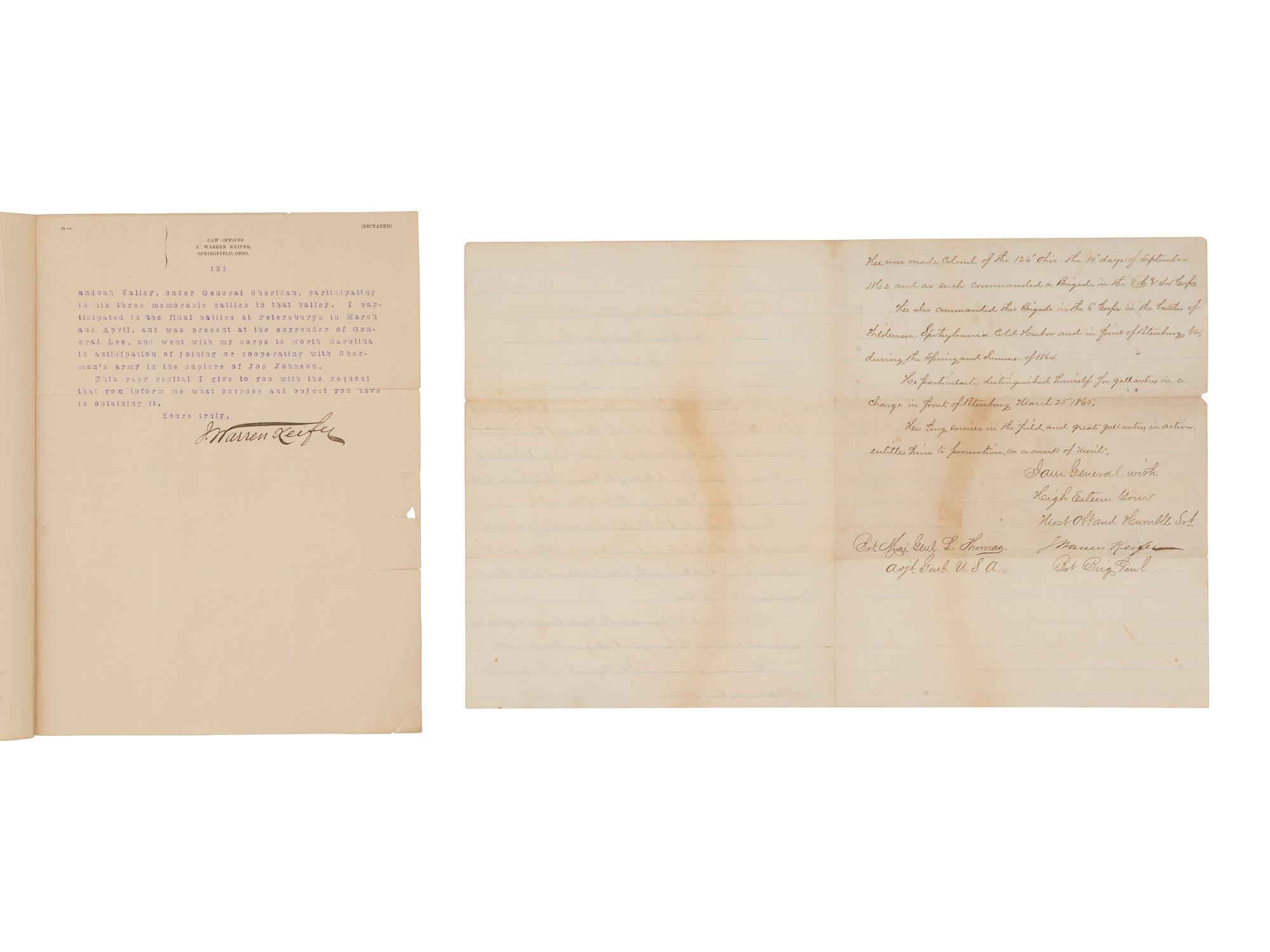 [CIVIL WAR]. General Joseph Warren KEIFER (1836-1932). 2 documents signed.