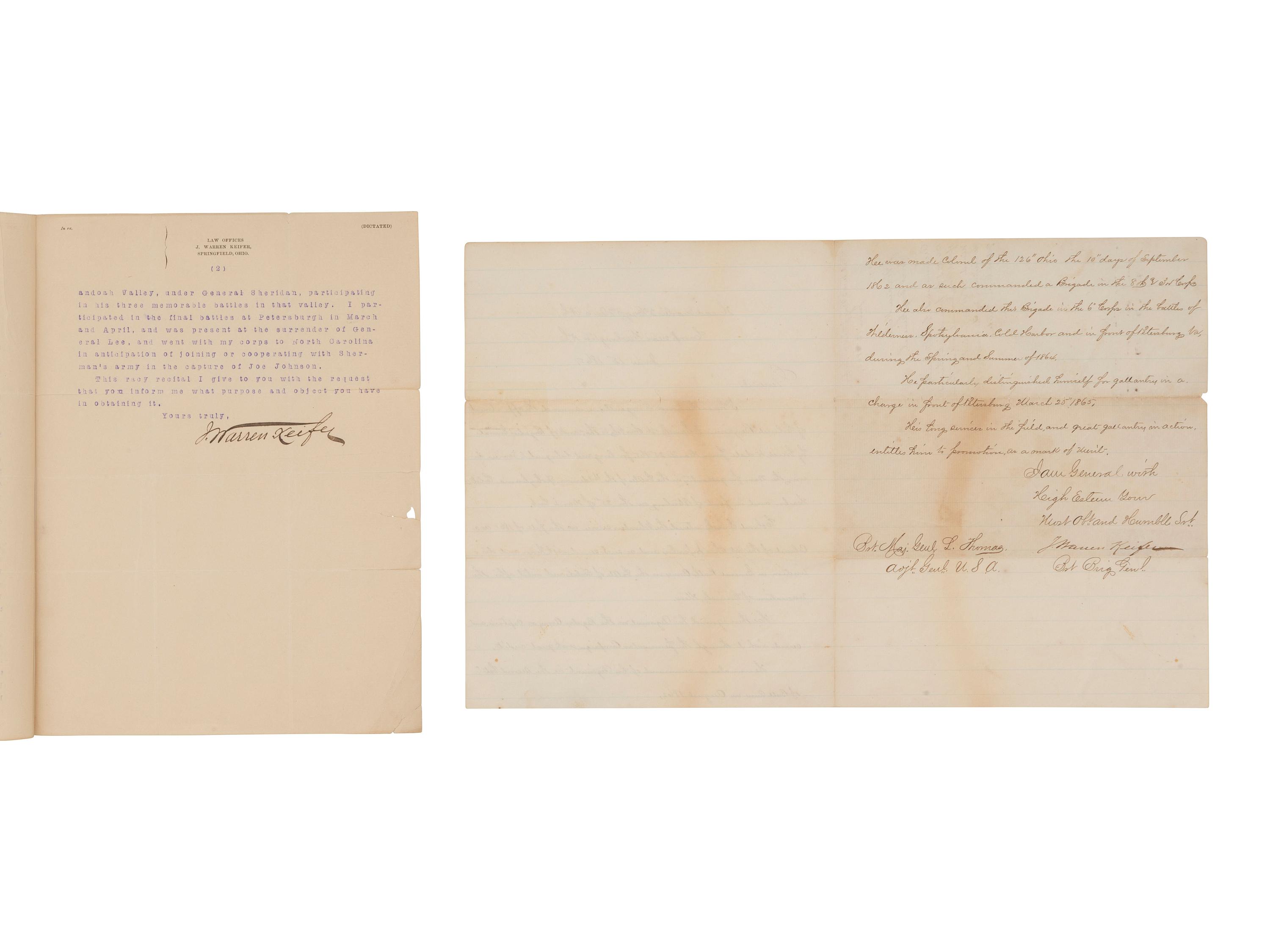 [CIVIL WAR]. General Joseph Warren KEIFER (1836-1932). 2 documents signed.