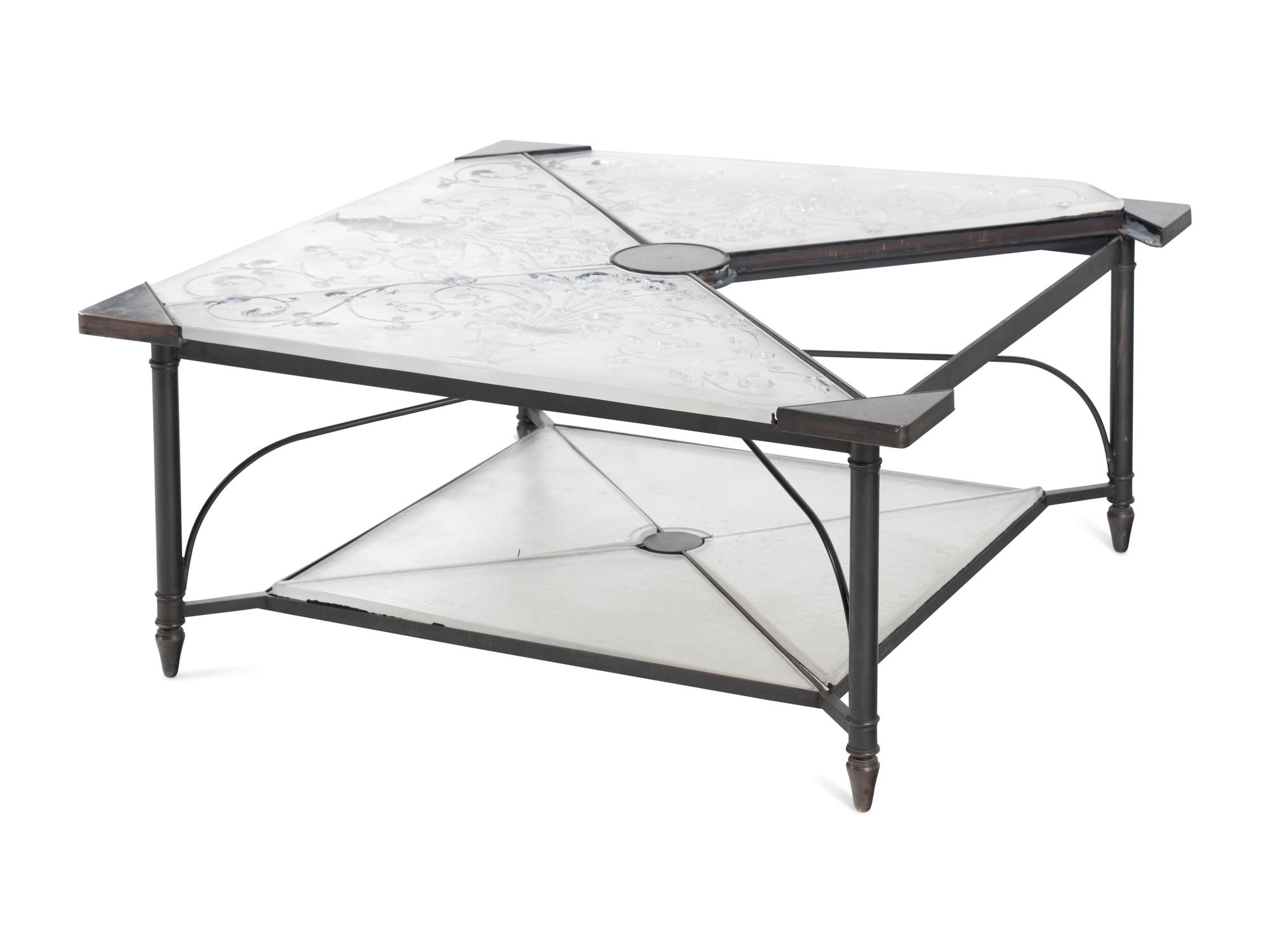 An Etched Glass-Top Patinated Metal Cocktail Table