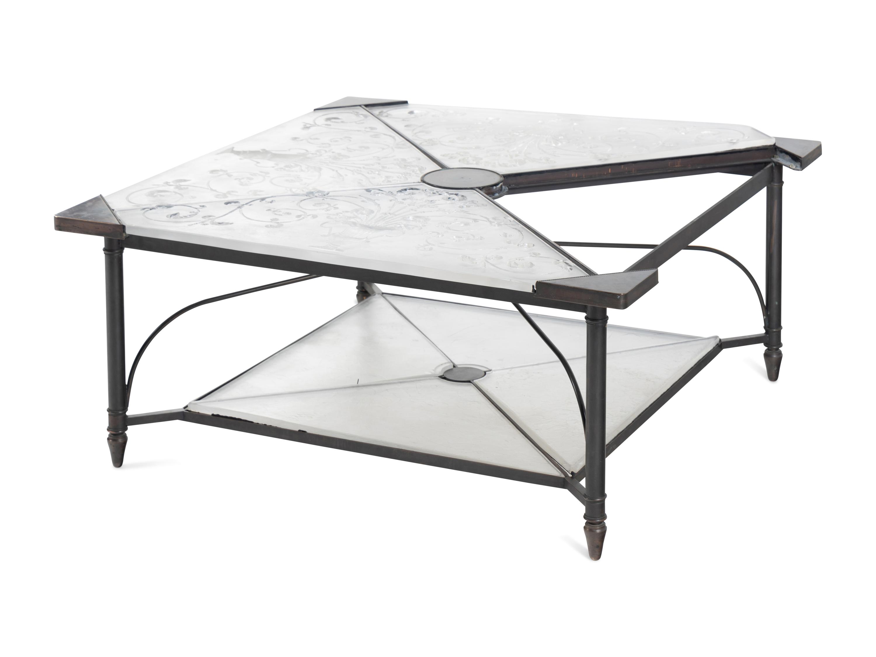 An Etched Glass-Top Patinated Metal Cocktail Table