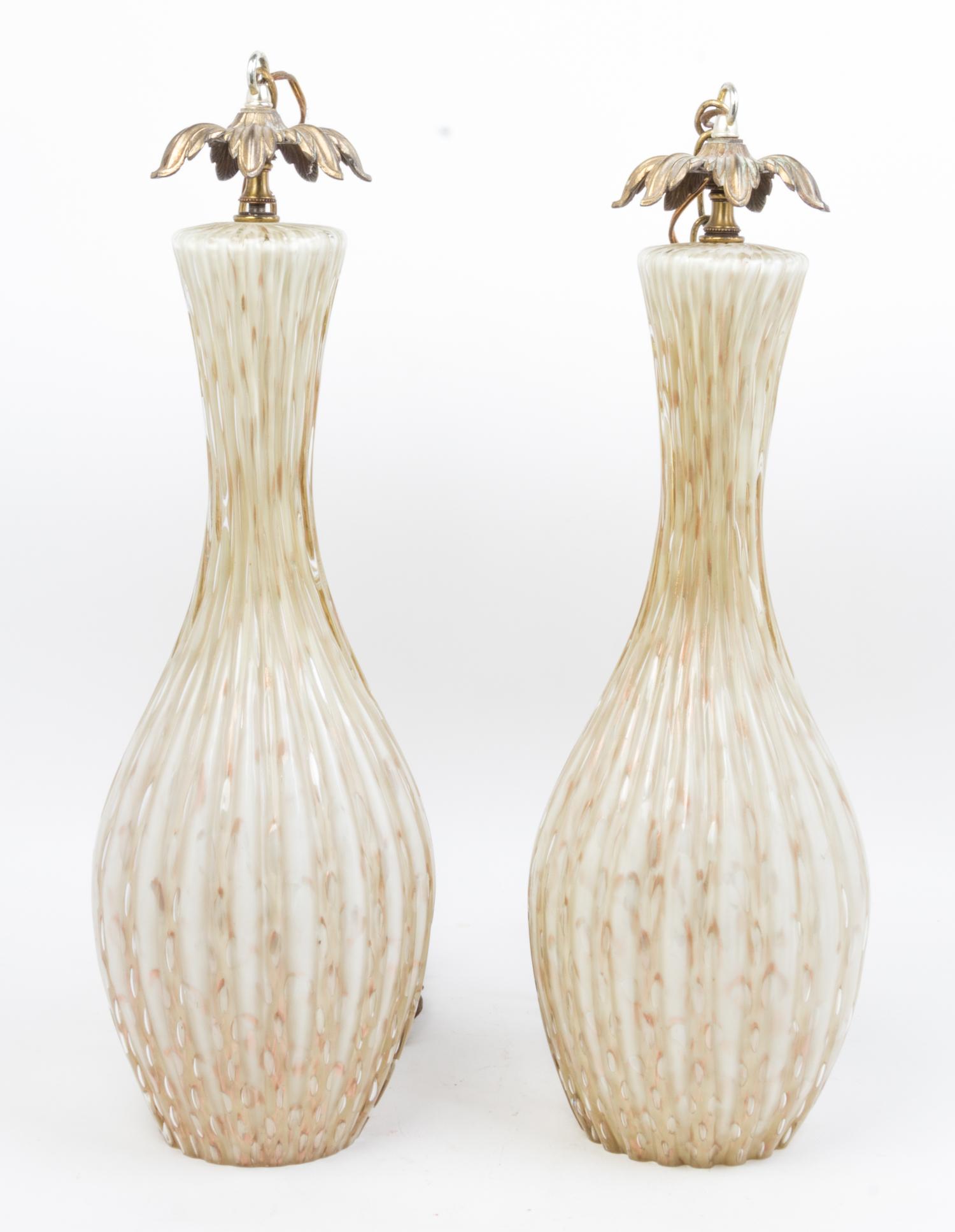 A Pair of Italian Art Glass Pendant Lamps Height 22 inches.