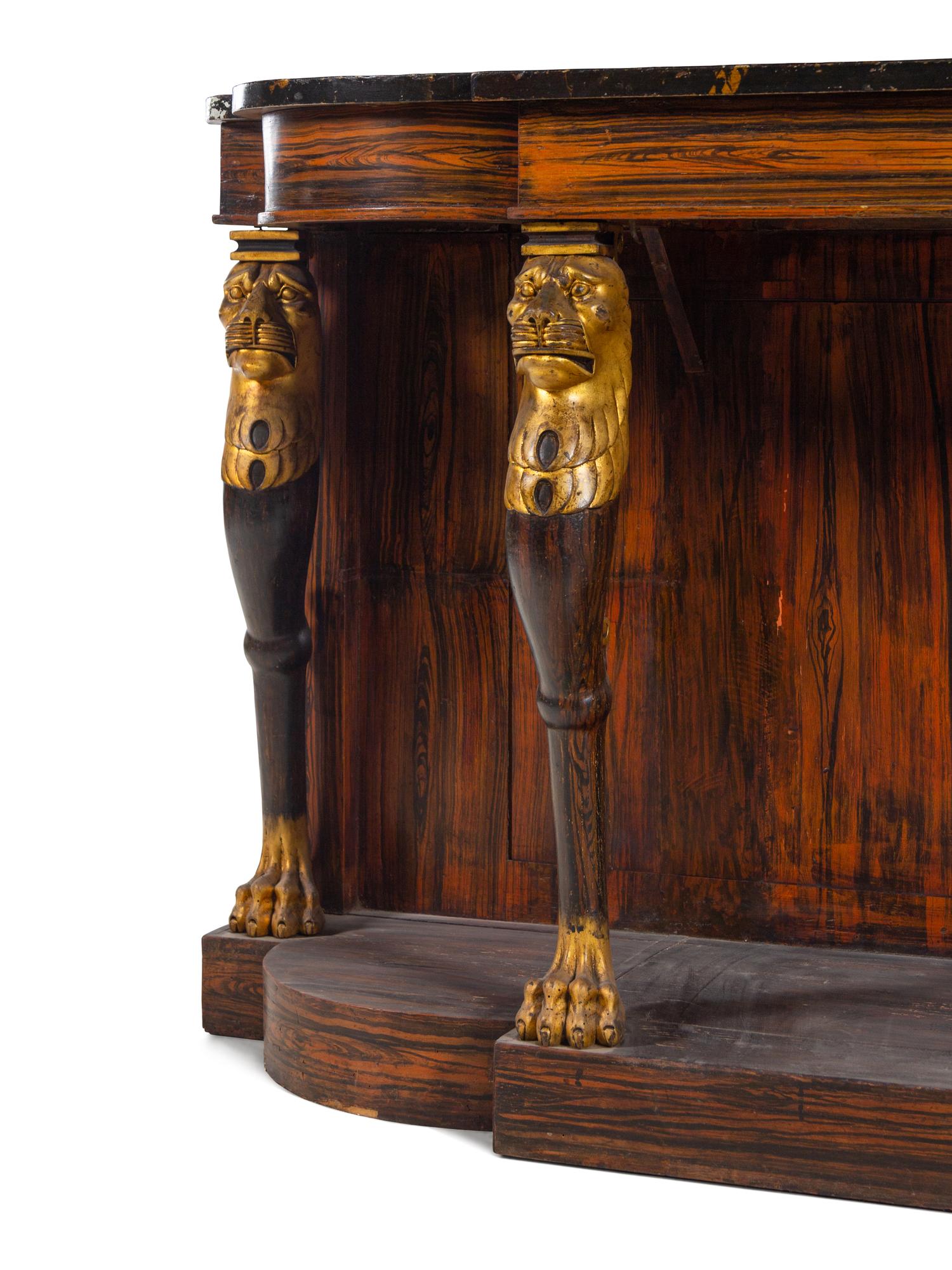A Regency Style Grain-Painted and Parcel Gilt Faux Marble-Top Console Table