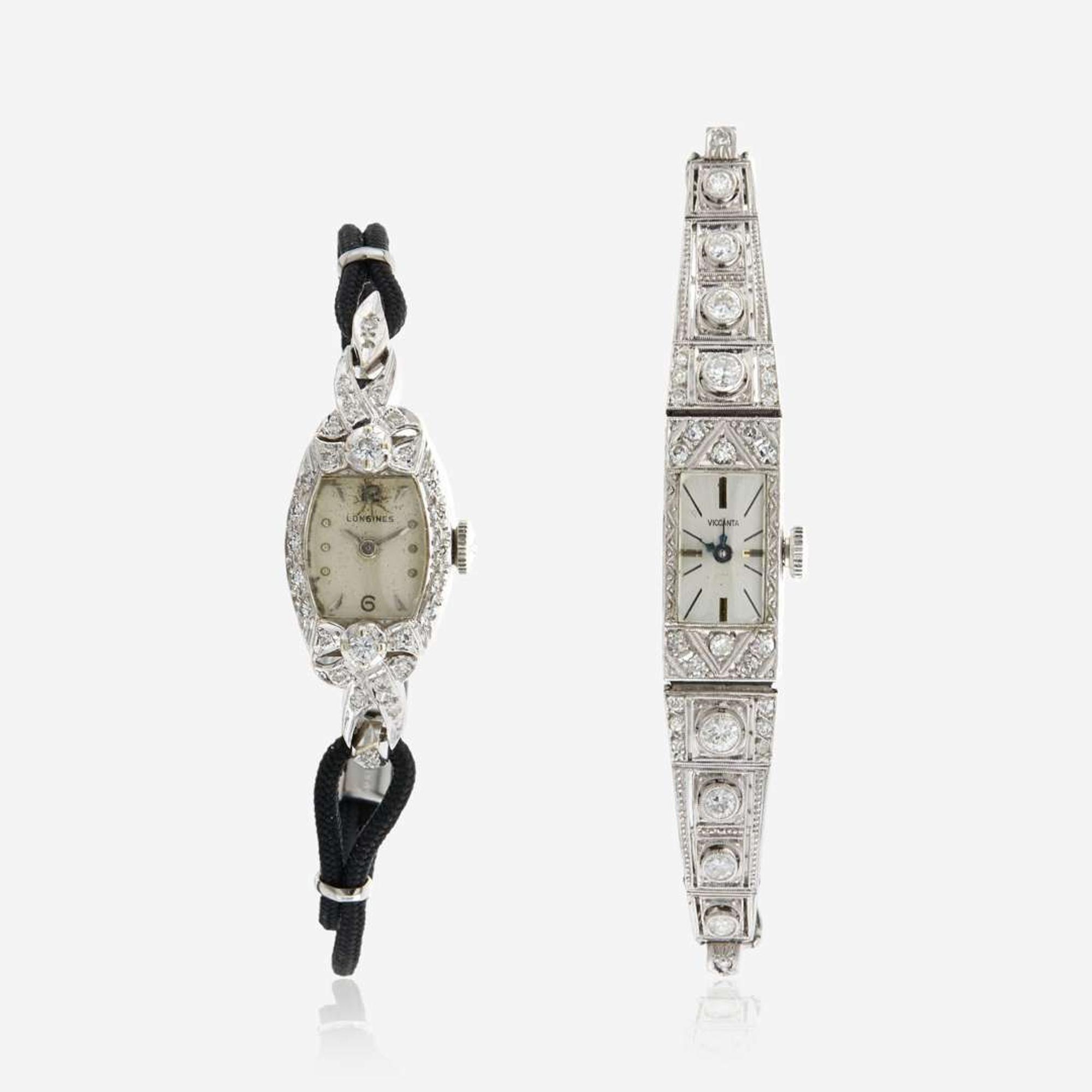 A collection of two lady's diamond wristwatches, Longines, Viccanta