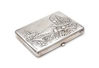 A Russian Silver Cigarette Case, Maker's Mark Obscured, Moscow, Early 20th Century, the lid worked to show the personification of Mothe