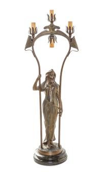 An Art Nouveau Cast Metal Figural Four-Light Lamp, Height 27 1/2 inches.