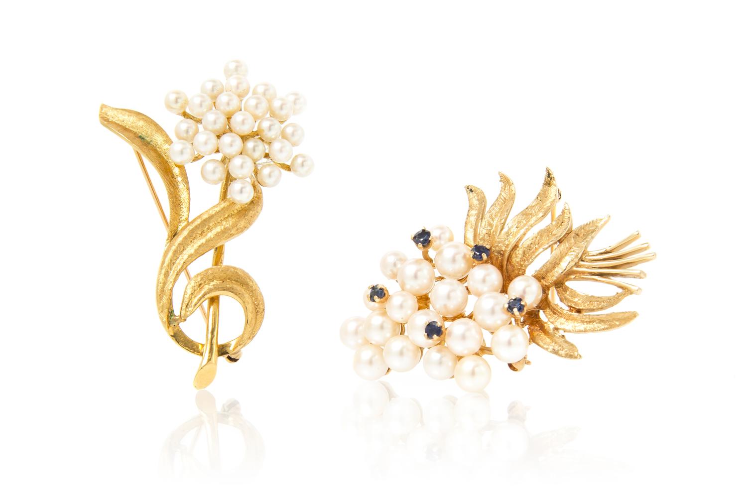 A Collection of 14 Karat Yellow Gold, Cultured Pearl and Sapphire Brooches, 16.90 dwts.