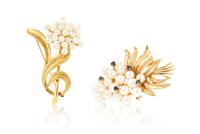 A Collection of 14 Karat Yellow Gold, Cultured Pearl and Sapphire Brooches, 16.90 dwts.