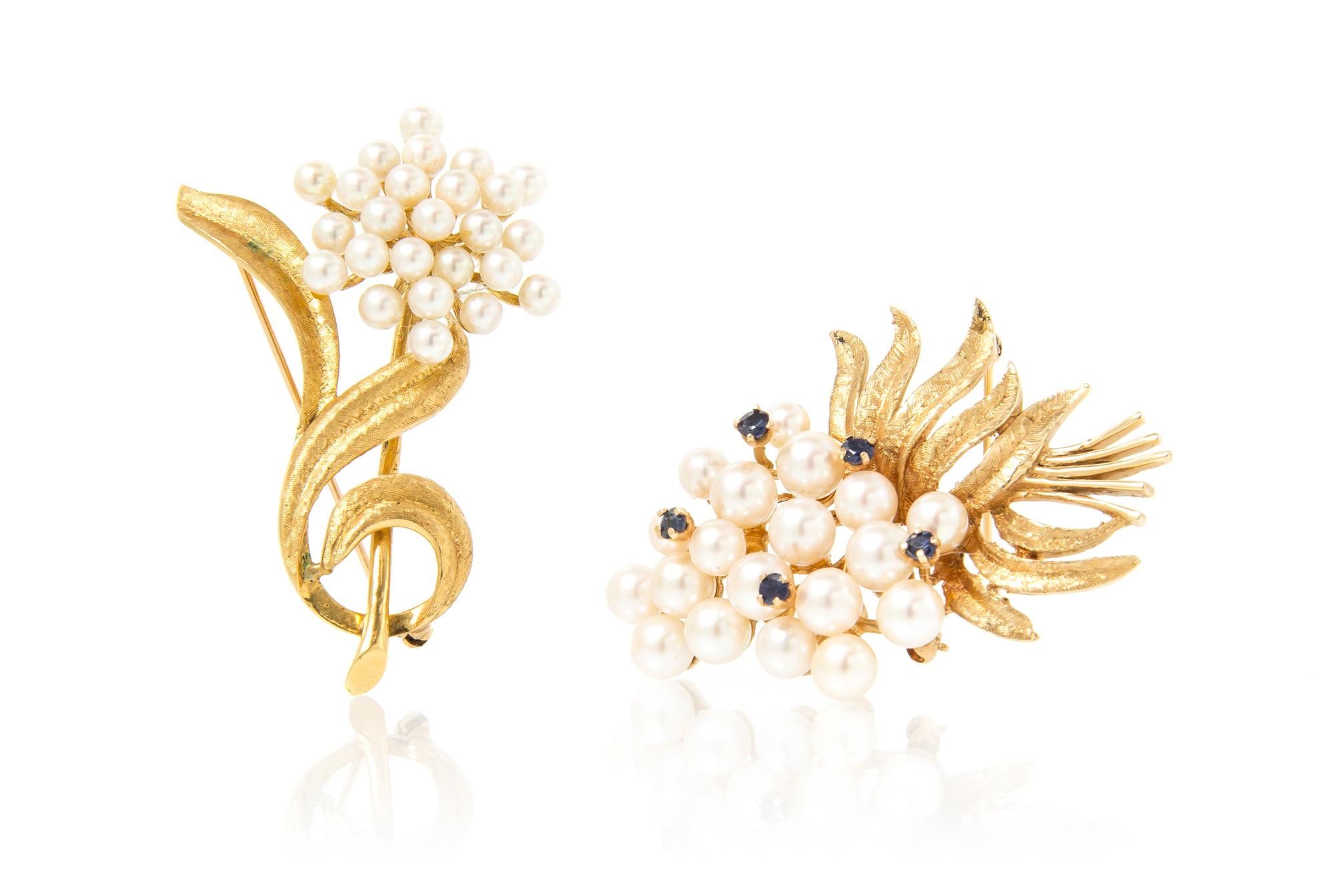 A Collection of 14 Karat Yellow Gold, Cultured Pearl and Sapphire Brooches, 16.90 dwts.