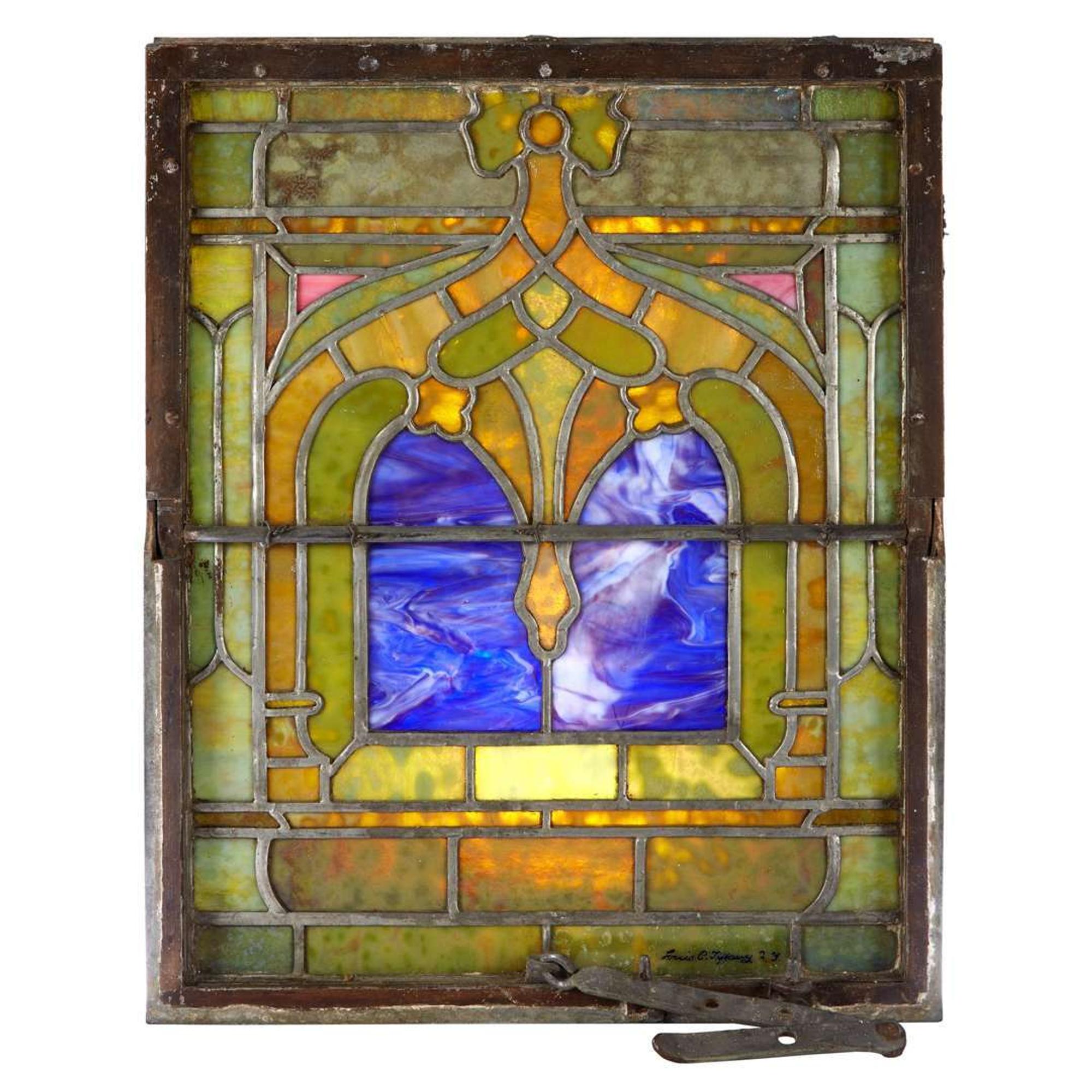 Two opalescent stained glass casement window panels Tiffany Studios, New York, NY, circa 1900
