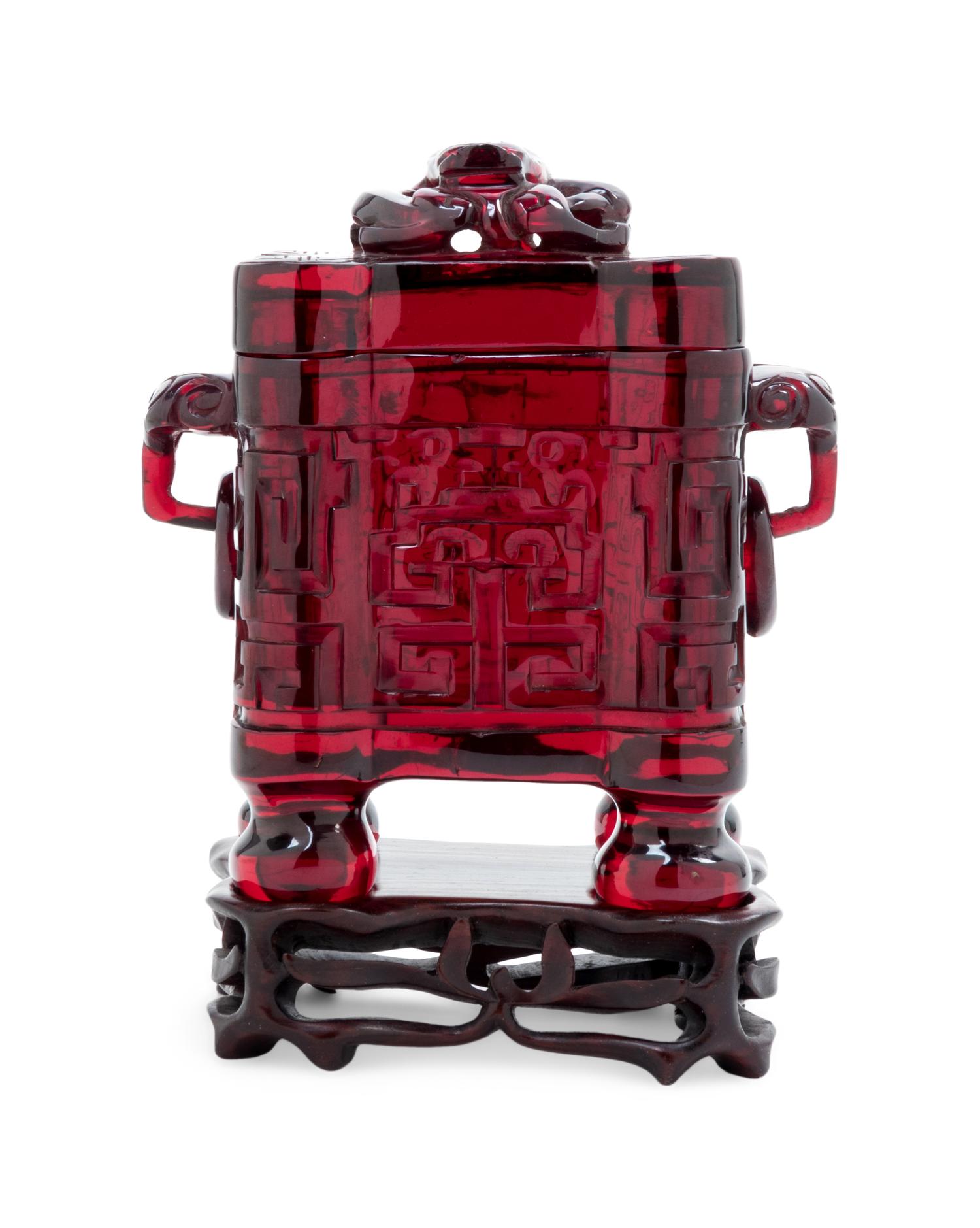 A Transparent Ruby-Red Plastic Imitating Glass Archaistic Incense Burner and Cover, Tulu