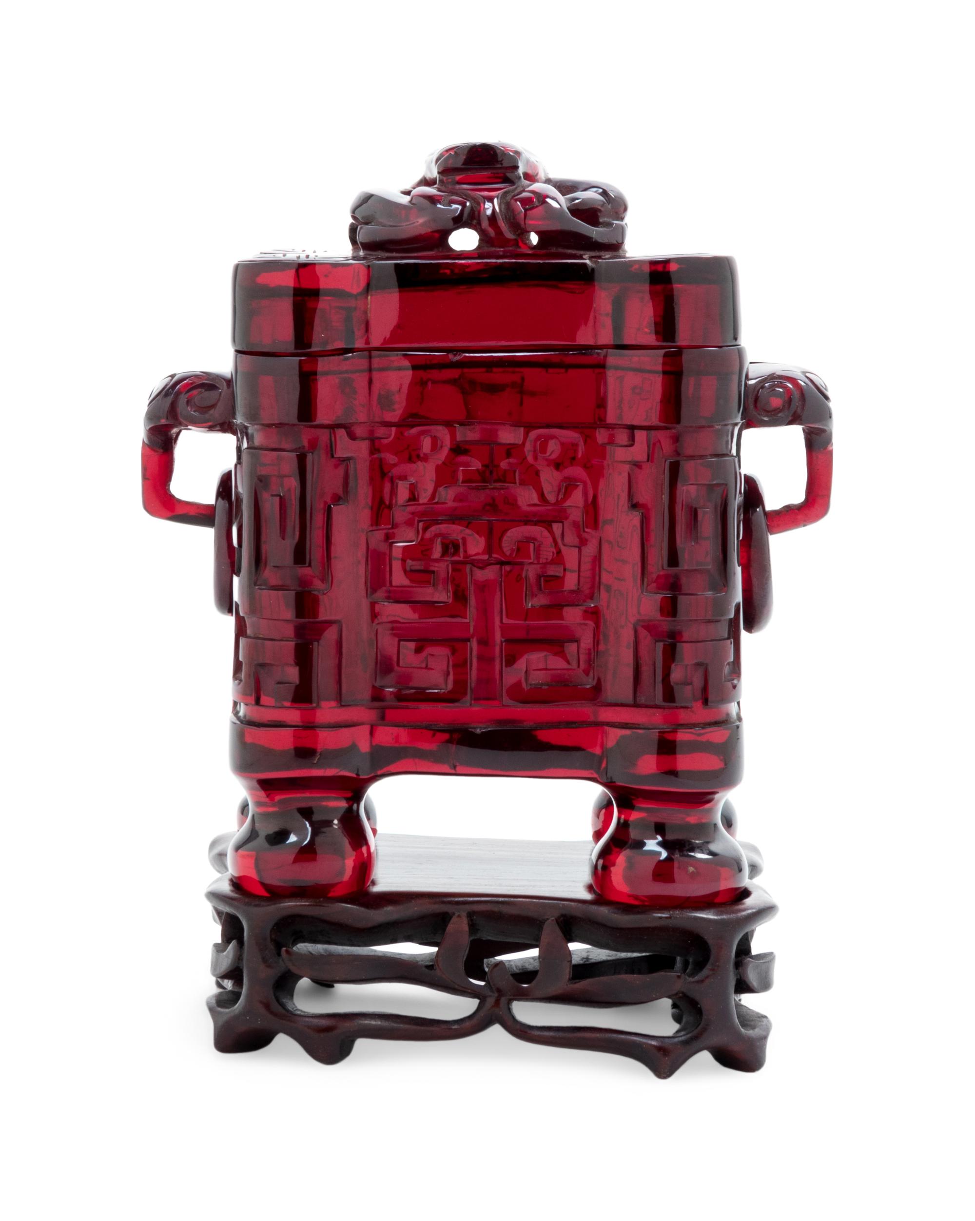 A Transparent Ruby-Red Plastic Imitating Glass Archaistic Incense Burner and Cover, Tulu