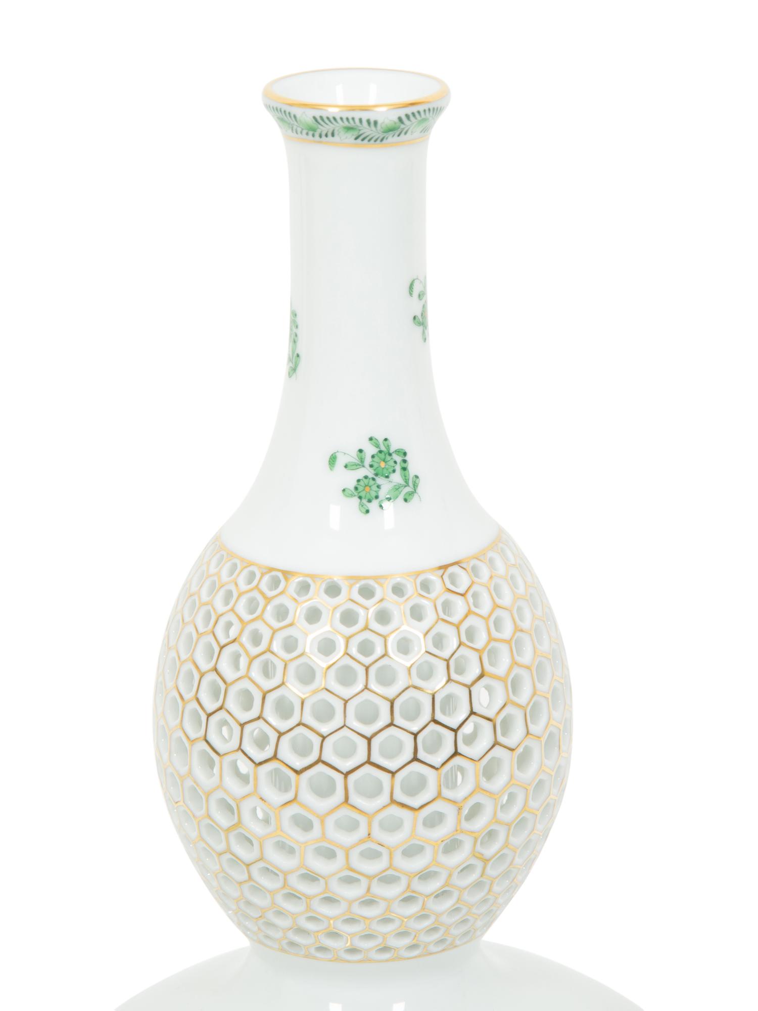 A Group of Three Herend Chinese Bouquet Green Porcelain Articles