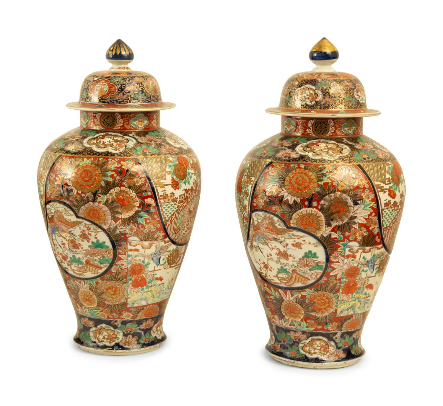 A Pair of Chinese Imari Palette Porcelain Covered Urns