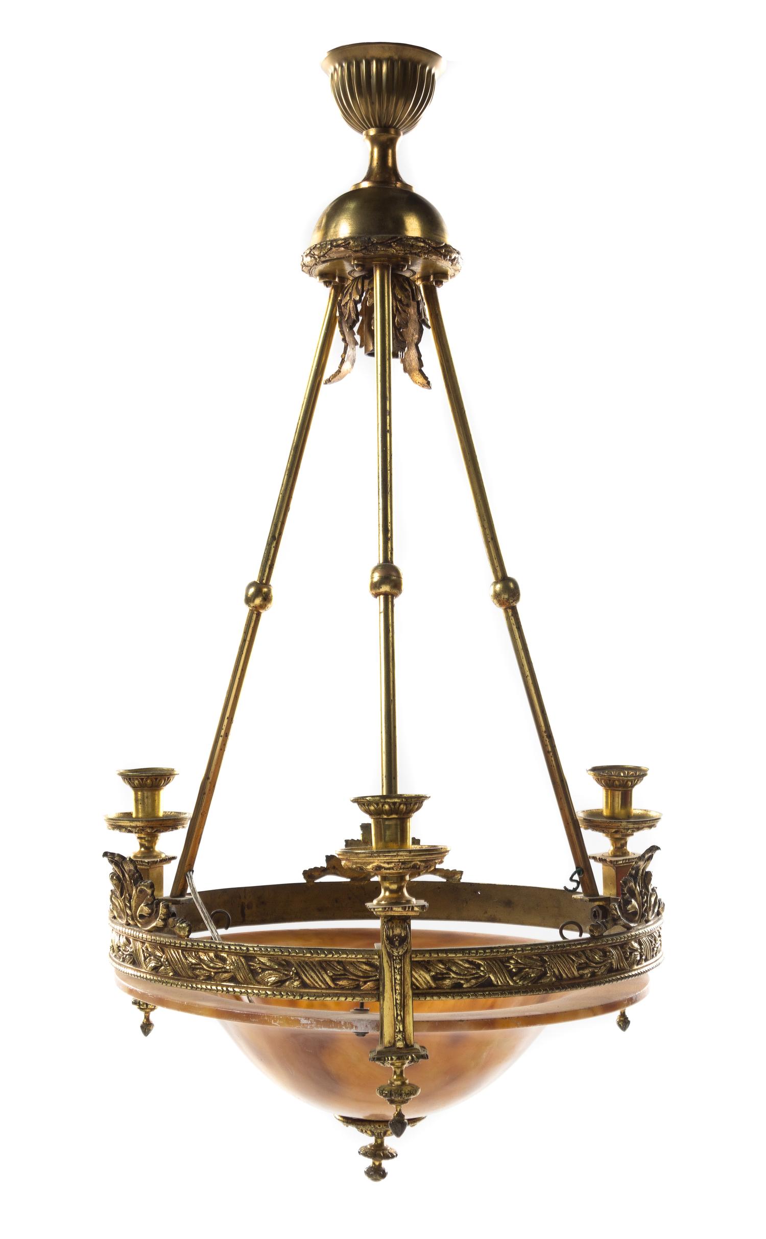 A Continental Gilt Bronze and Alabaster Three-Light Chandelier Height 31 inches.