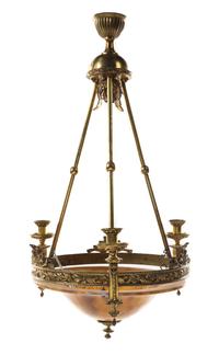 A Continental Gilt Bronze and Alabaster Three-Light Chandelier Height 31 inches.