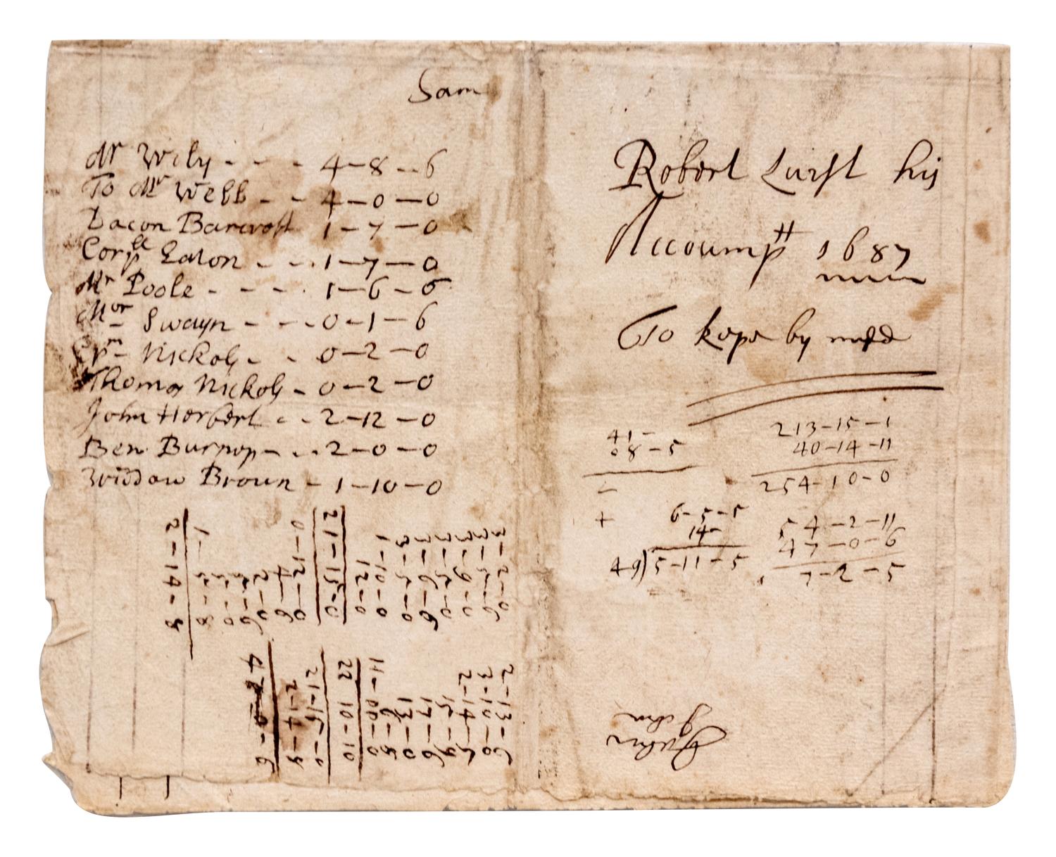 [COLONIAL BARBADOS]. Manuscript ledger, Robert Luist, 23 May 1687, Barbados. 4 pages, 4to, bifolium, a few separations along folds, some mild chipping or staining.
