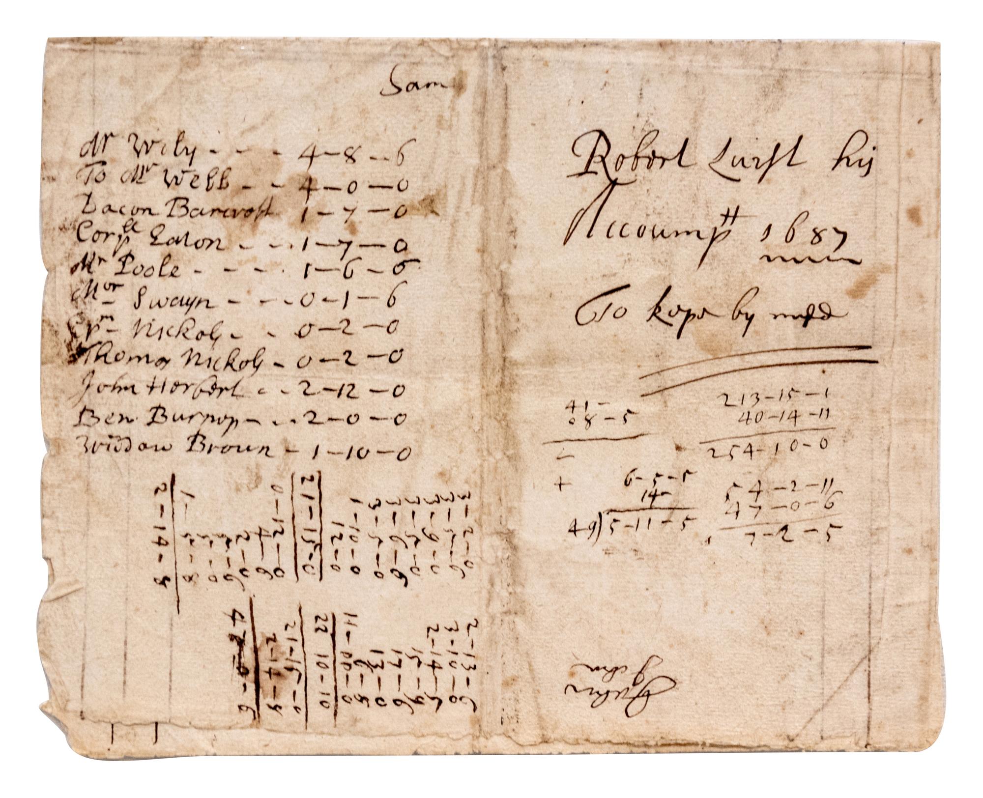 [COLONIAL BARBADOS]. Manuscript ledger, Robert Luist, 23 May 1687, Barbados. 4 pages, 4to, bifolium, a few separations along folds, some mild chipping or staining.