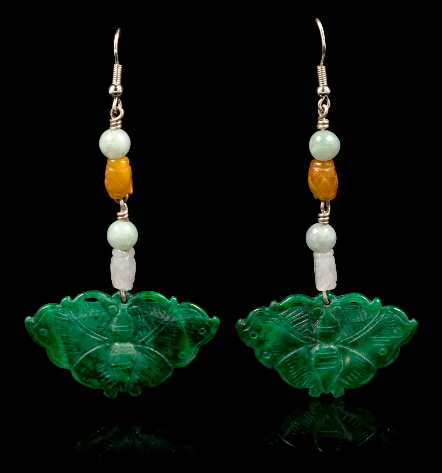 A Pair of Chinese Spinach Jade Butterfly-Form Earrings