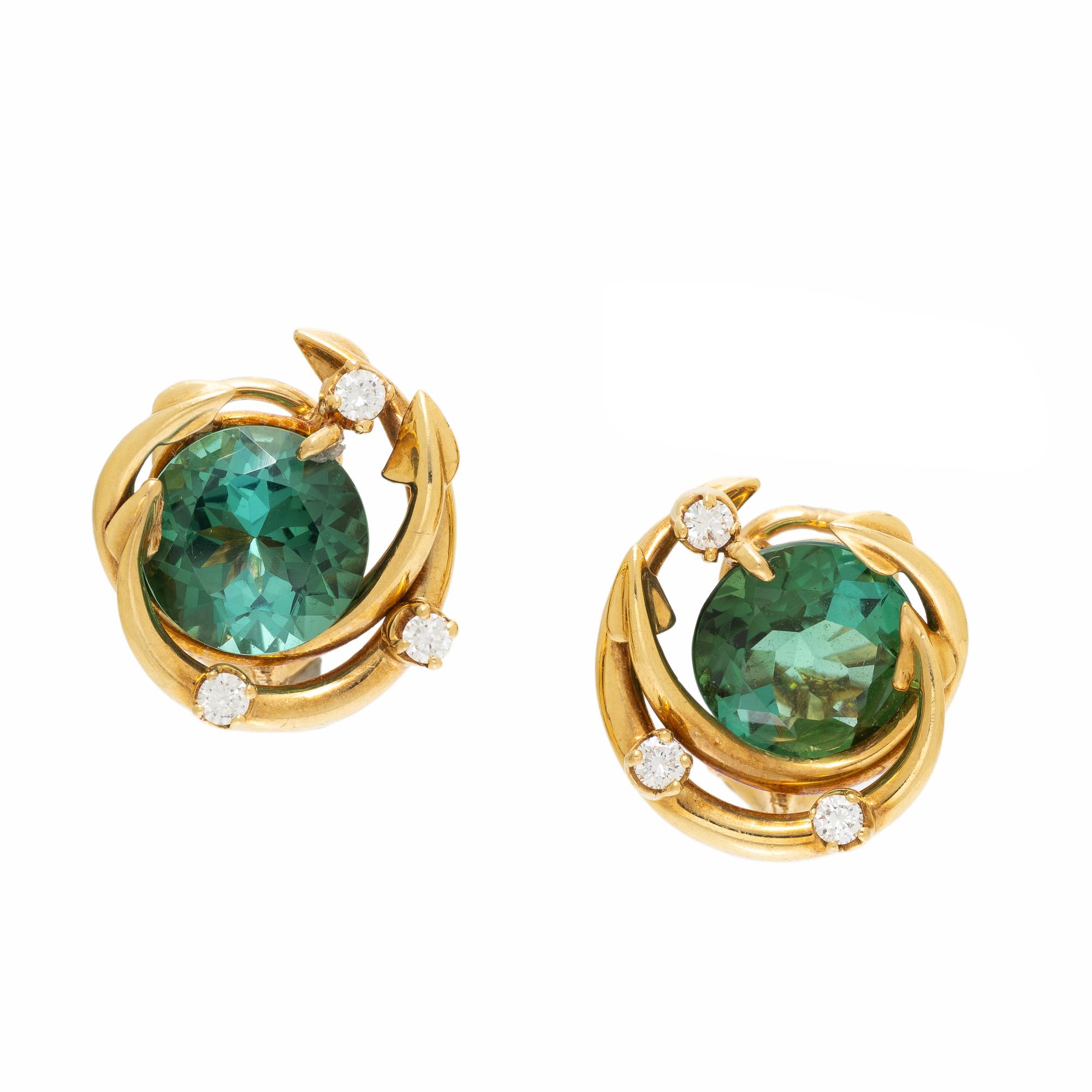 TIFFANY & CO., TOURMALINE, DIAMOND, AND YELLOW GOLD EARRINGS