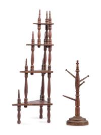 A Diminutive Tiered Paint Decorated Shelf and a Post-Form Standing Wooden Rack