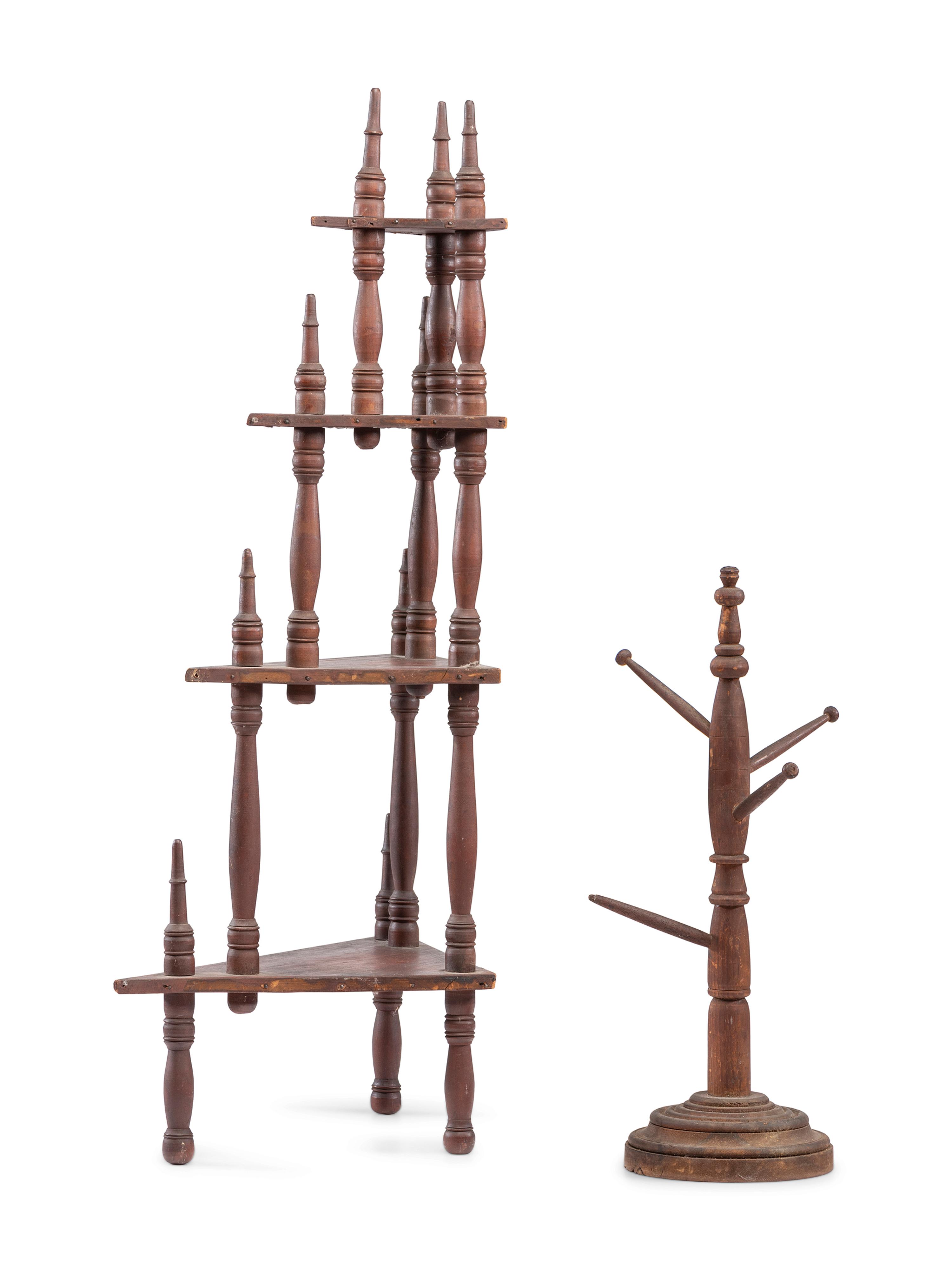 A Diminutive Tiered Paint Decorated Shelf and a Post-Form Standing Wooden Rack