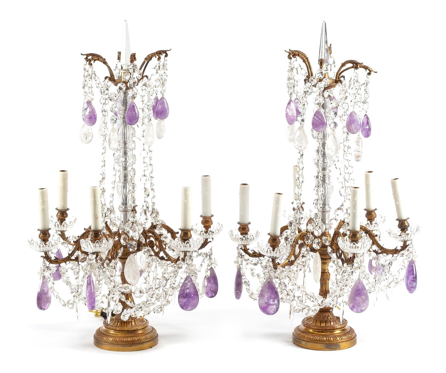 A Pair of Louis XV Gilt Bronze, Rock Crystal and Amethyst Girandoles Height 31 1/2 inches.