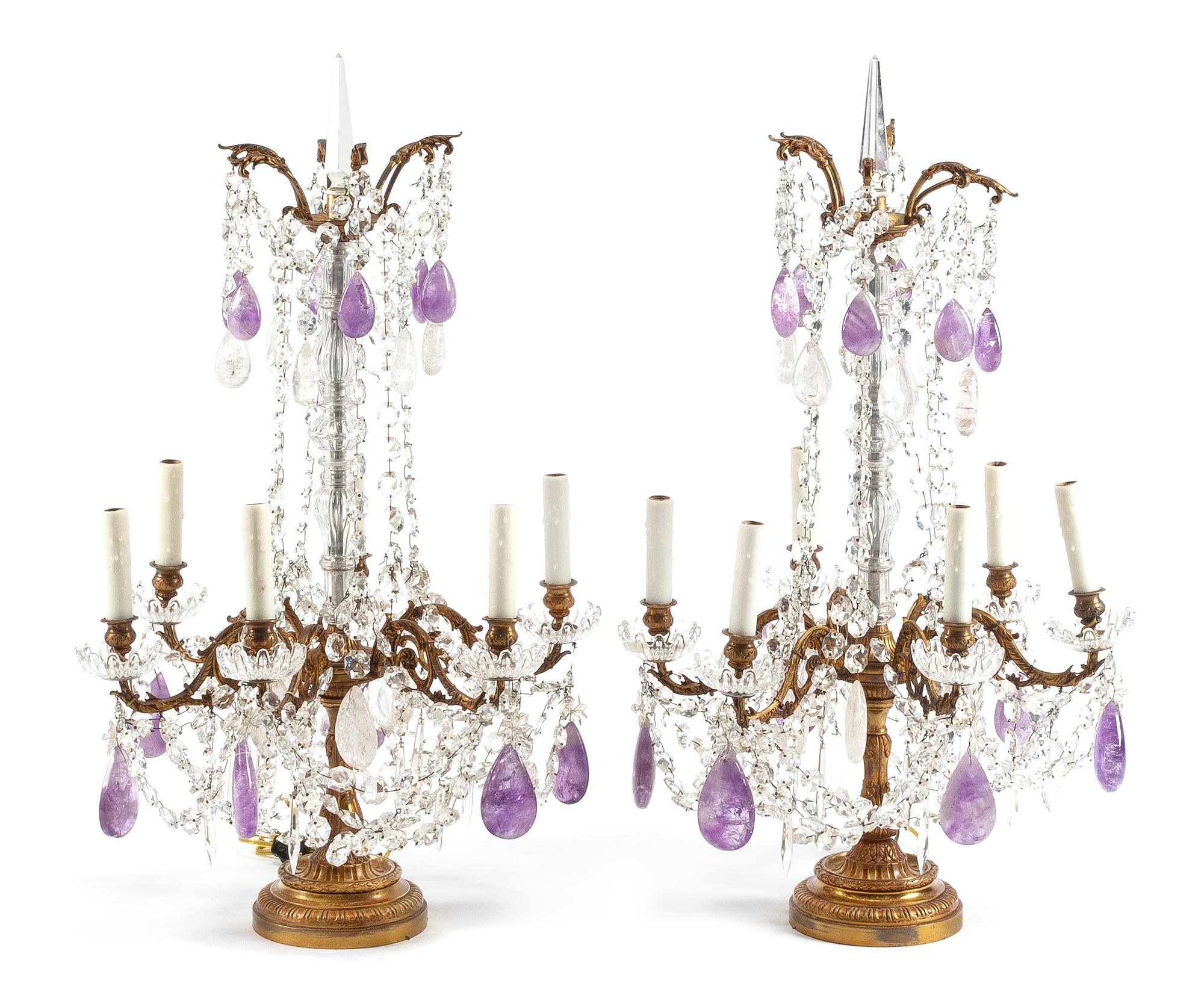 A Pair of Louis XV Gilt Bronze, Rock Crystal and Amethyst Girandoles Height 31 1/2 inches.