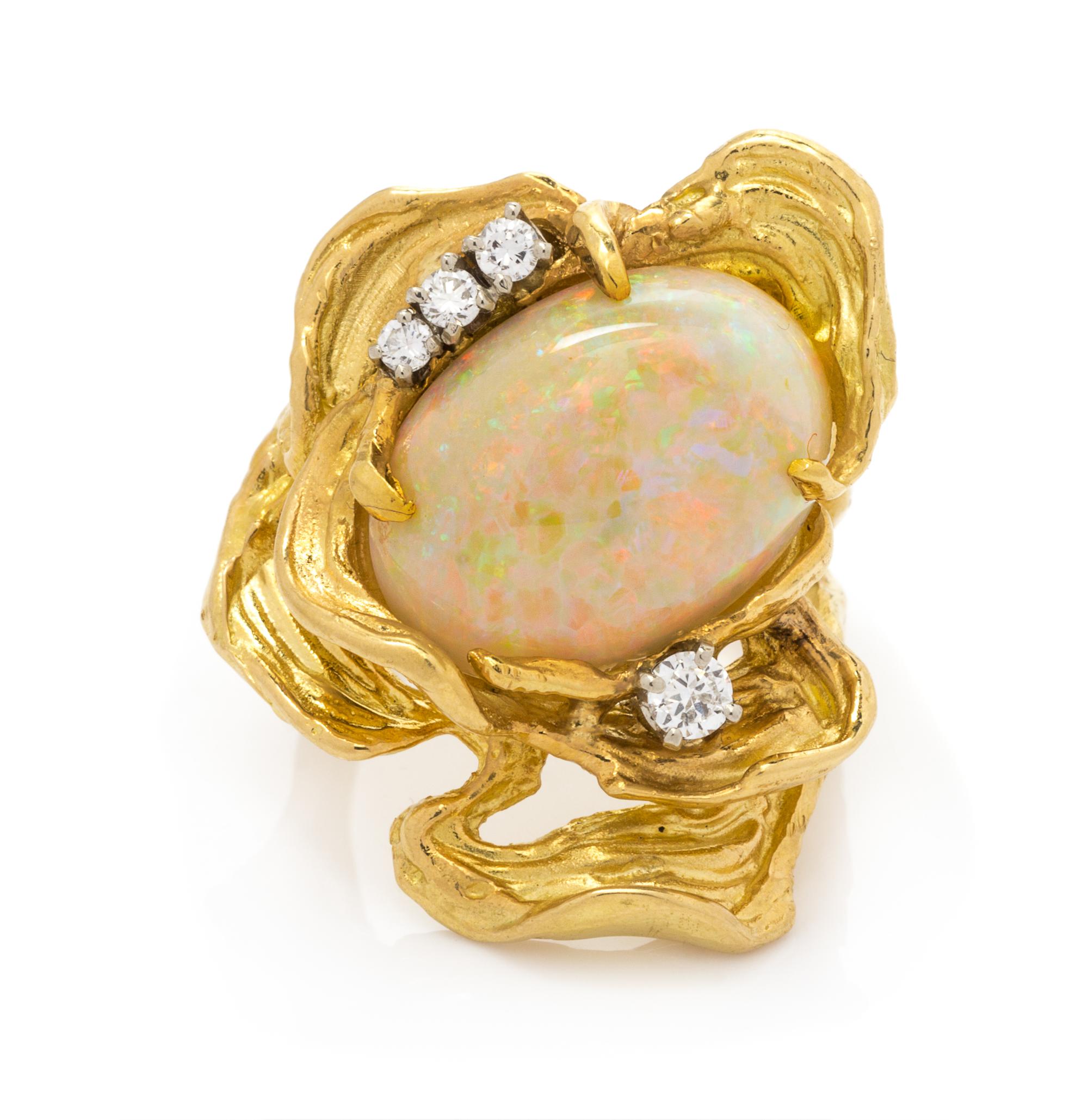 A Yellow Gold, Opal and Diamond Ring, 11.70 dwts.