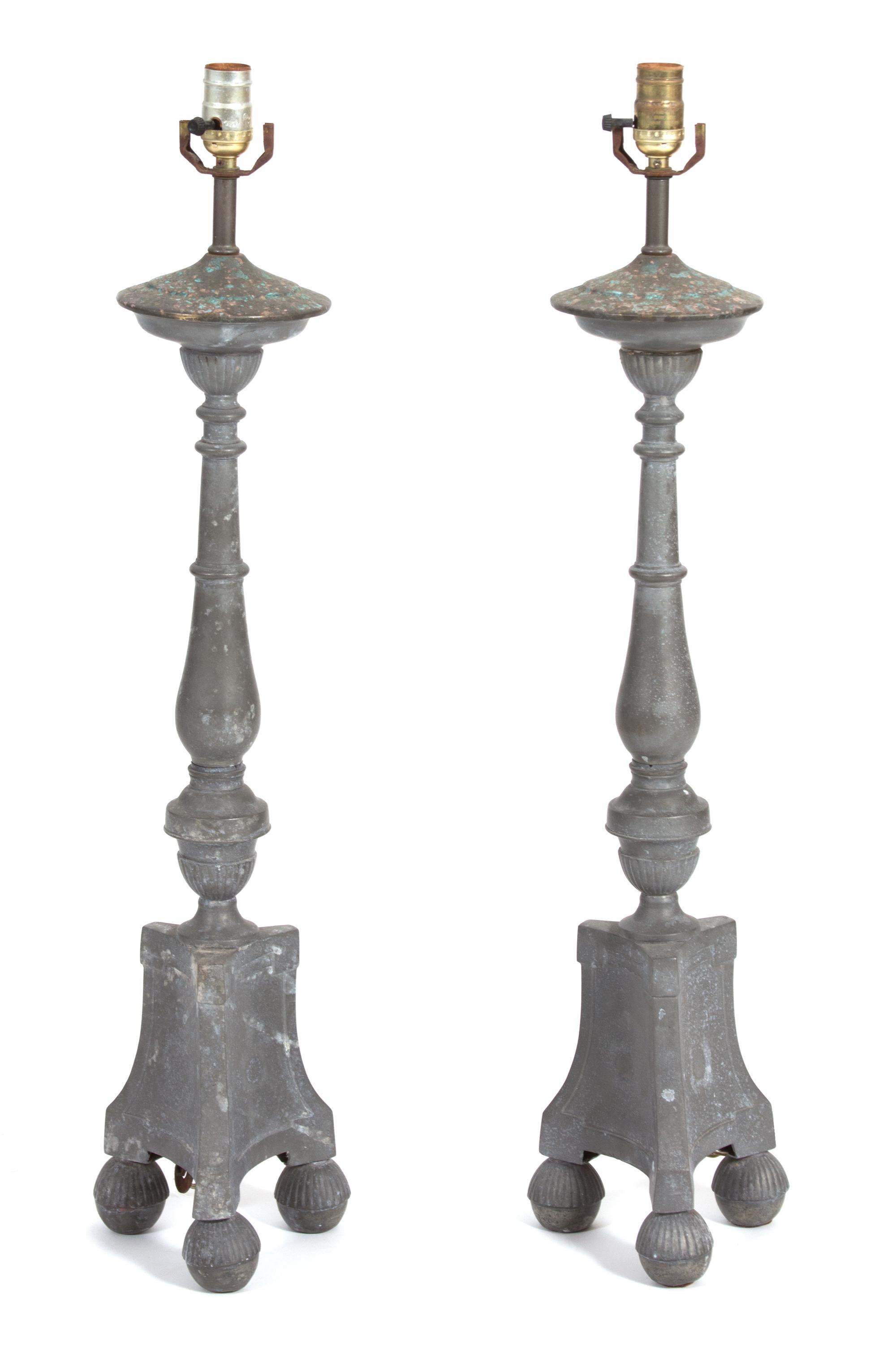 A Pair of Louis XVI Style Pewter Torcheres Height 30 inches. — 19TH CENTURY