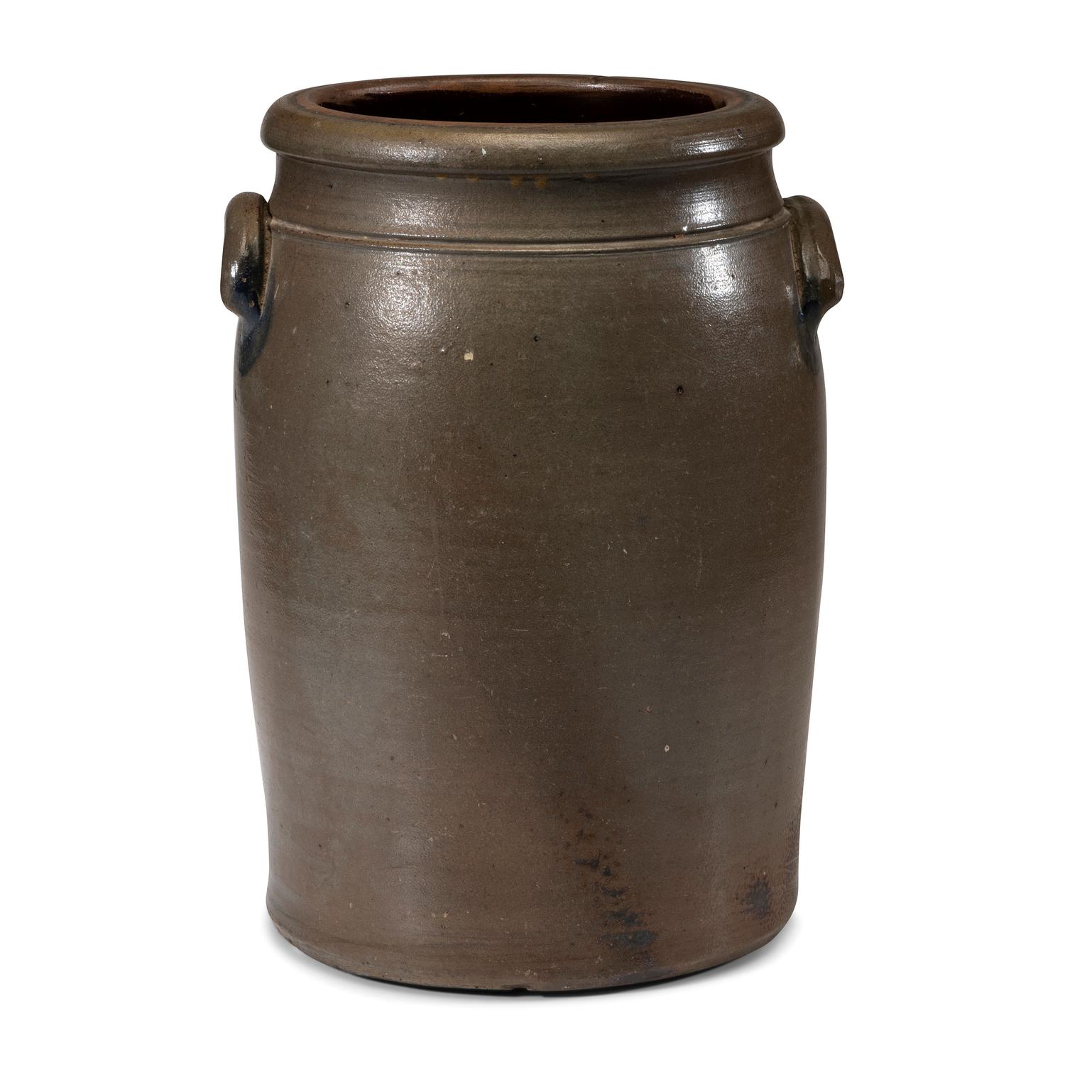 A Four-Gallon A.D. Clements Andy, West Virginia Cobalt and Stencil Decorated Stoneware Crock