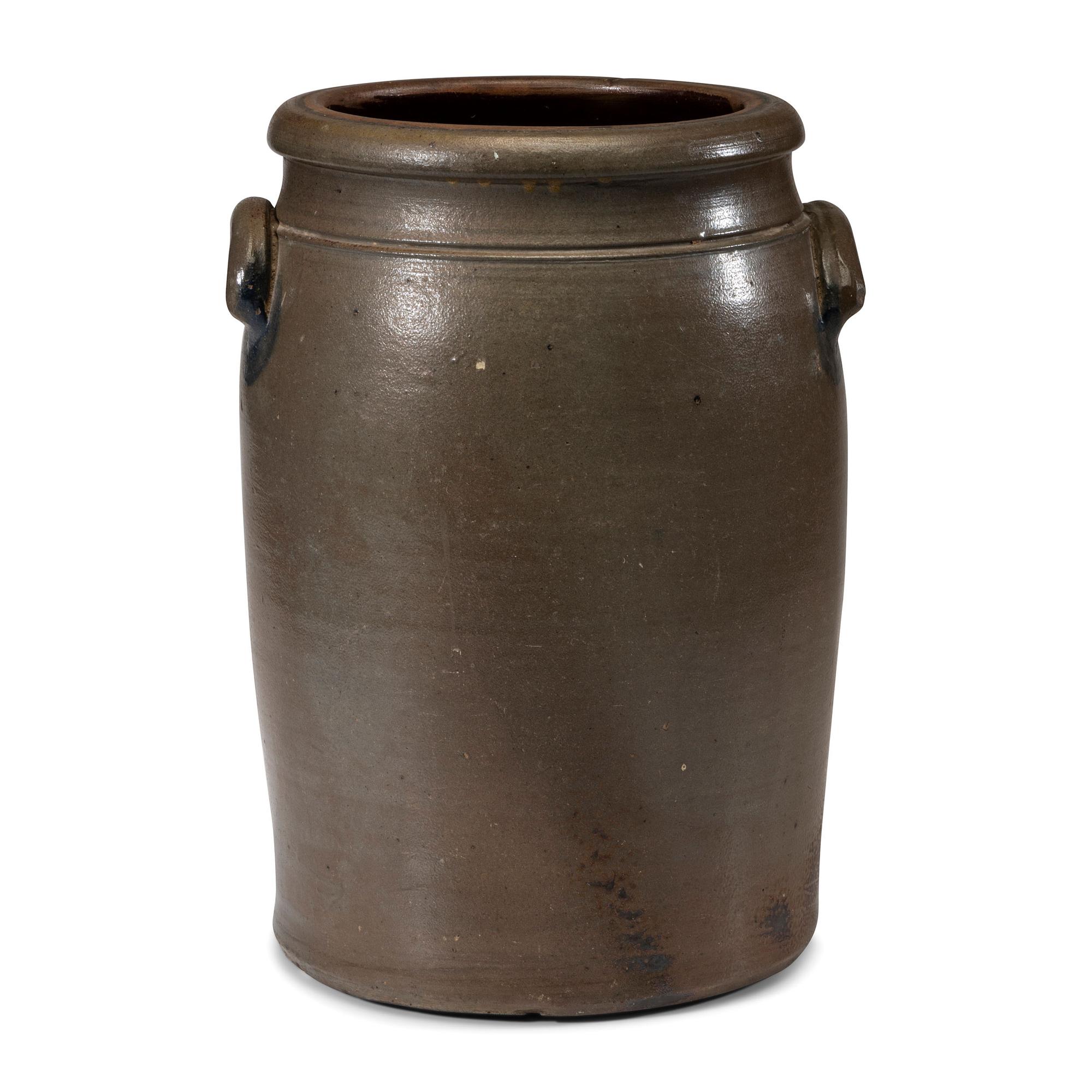 A Four-Gallon A.D. Clements Andy, West Virginia Cobalt and Stencil Decorated Stoneware Crock