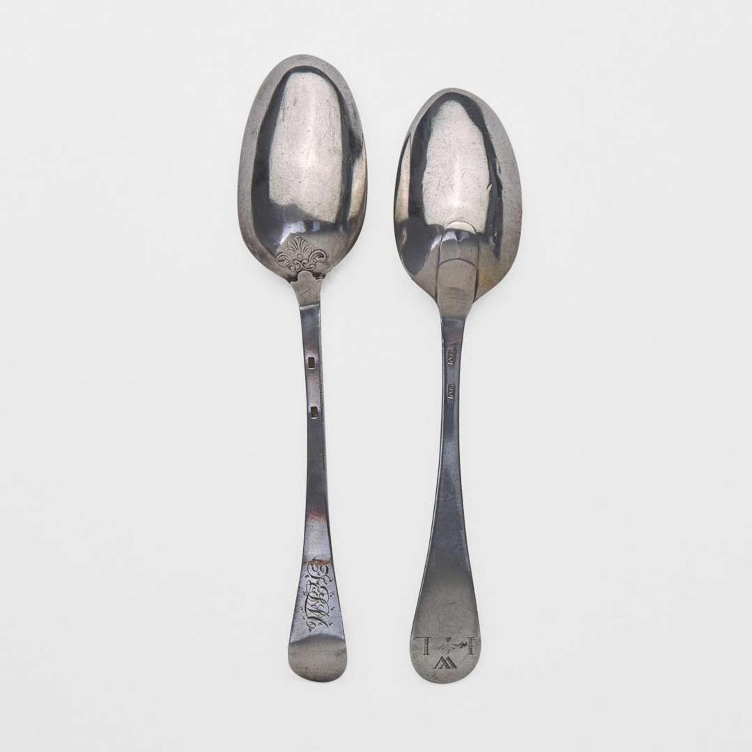 Two silver tablespoons Peter Vergereau (1700-1755) and Nicholas Van Rensselaer (active c. 1760-1770), New York, circa 1740 and 1765