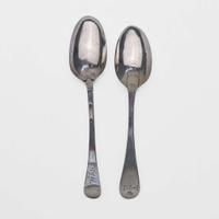 Two silver tablespoons Peter Vergereau (1700-1755) and Nicholas Van Rensselaer (active c. 1760-1770), New York, circa 1740 and 1765