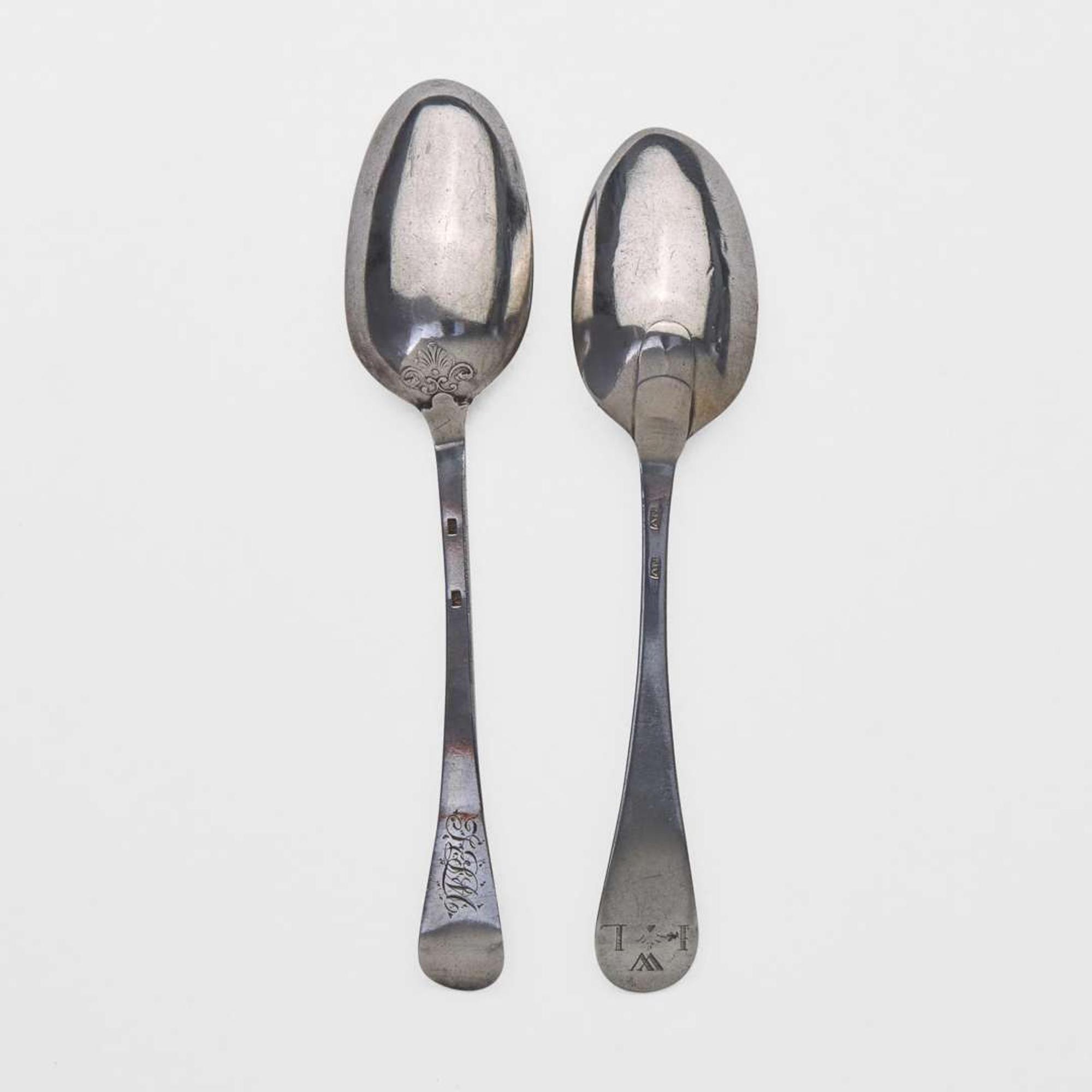 Two silver tablespoons Peter Vergereau (1700-1755) and Nicholas Van Rensselaer (active c. 1760-1770), New York, circa 1740 and 1765