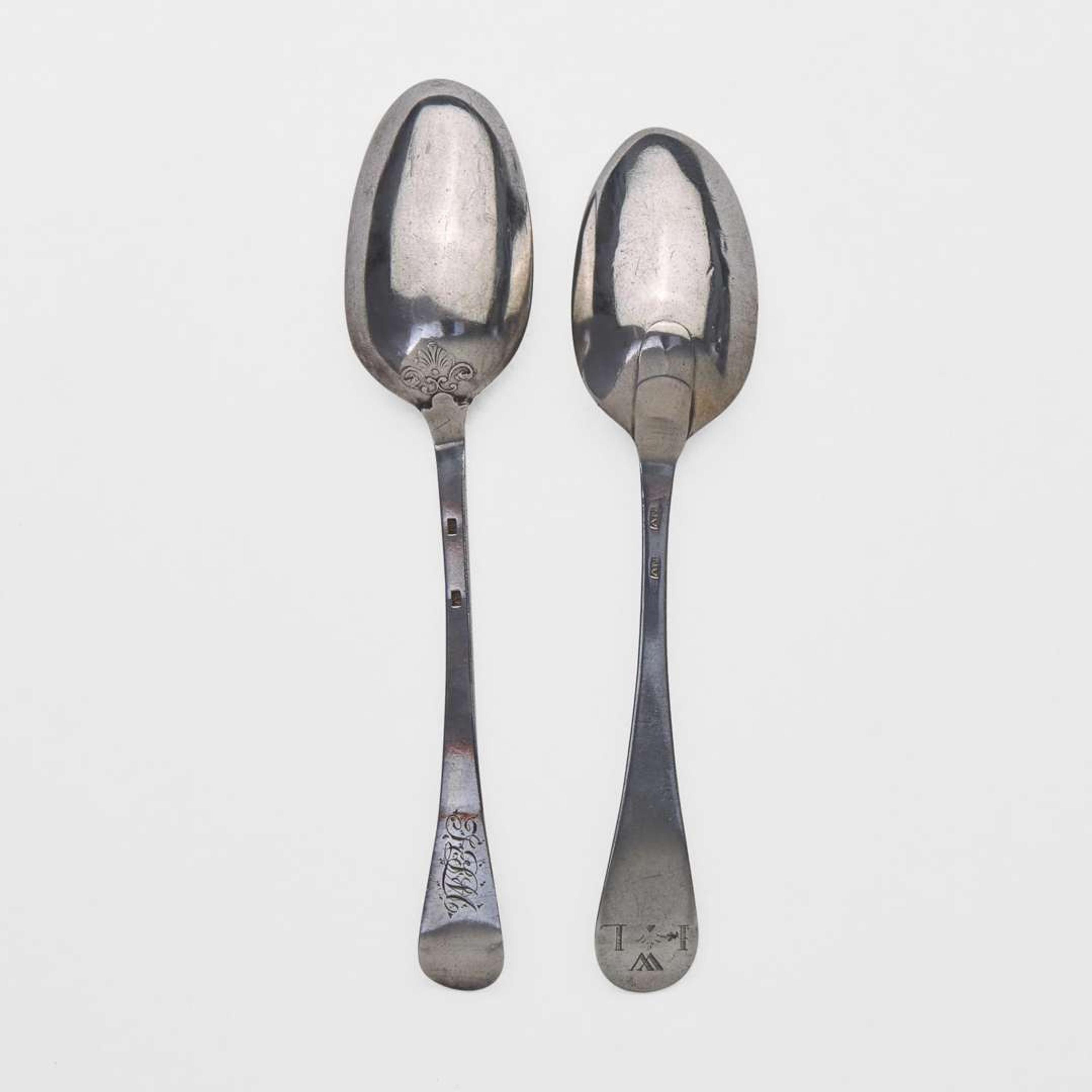 Two silver tablespoons Peter Vergereau (1700-1755) and Nicholas Van Rensselaer (active c. 1760-1770), New York, circa 1740 and 1765