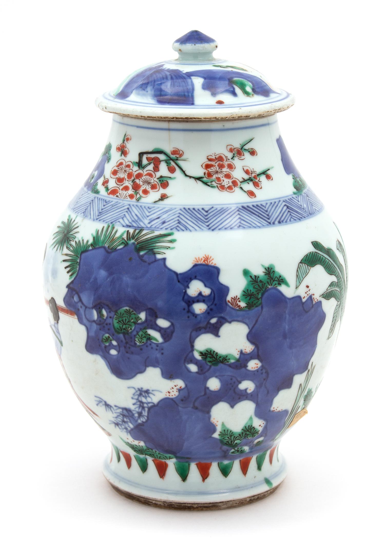 A Chinese Wucai Porcelain Covered Jar Height 10 x diameter 6 inches. — QING DYNASTY