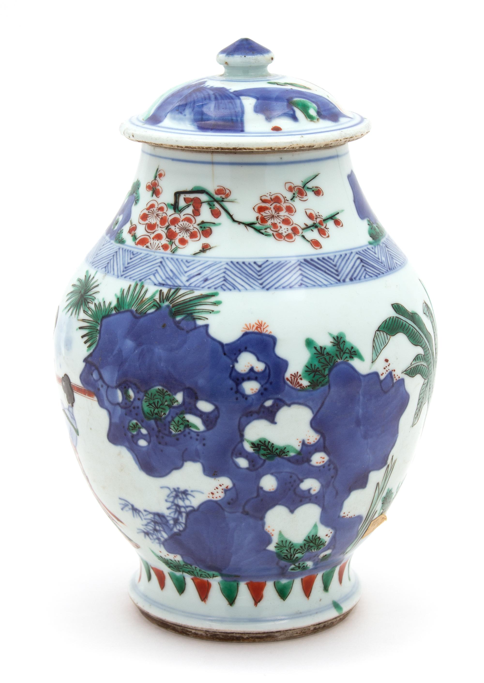 A Chinese Wucai Porcelain Covered Jar Height 10 x diameter 6 inches. — QING DYNASTY