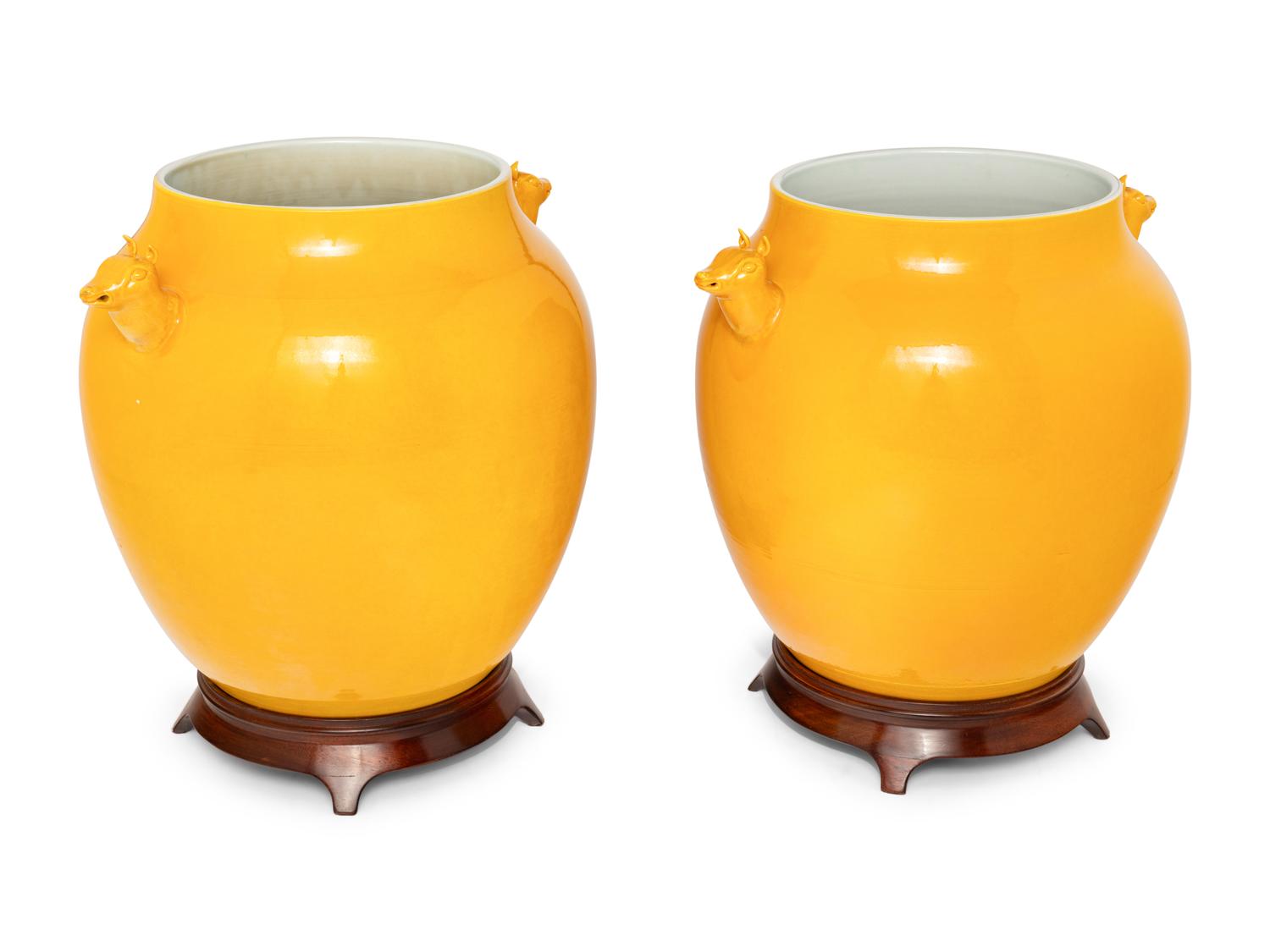 A Pair of Chinese Yellow Glazed Porcelain 'Deer' Jars