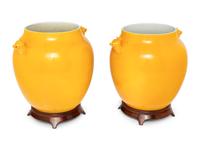 A Pair of Chinese Yellow Glazed Porcelain 'Deer' Jars