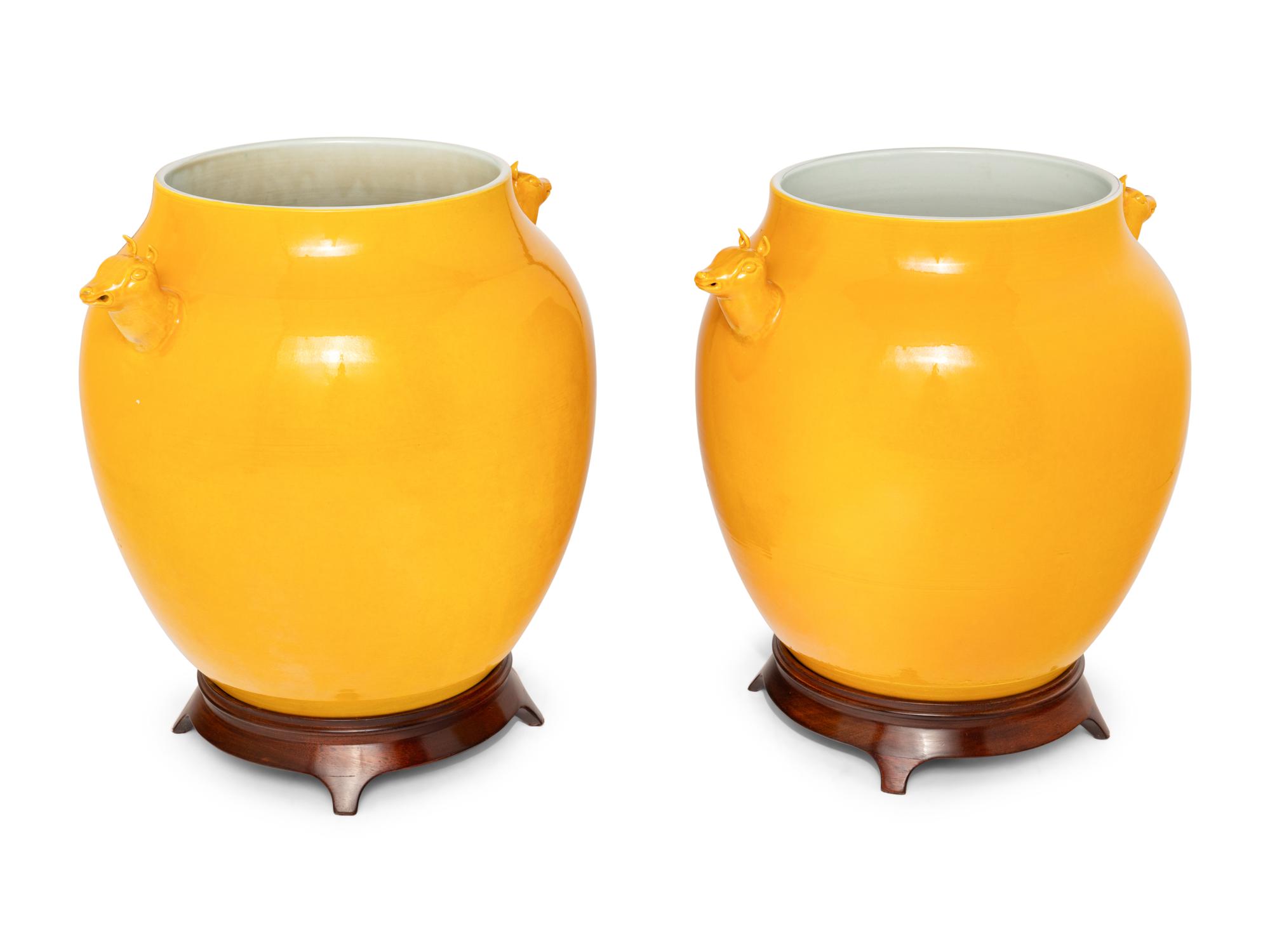A Pair of Chinese Yellow Glazed Porcelain 'Deer' Jars