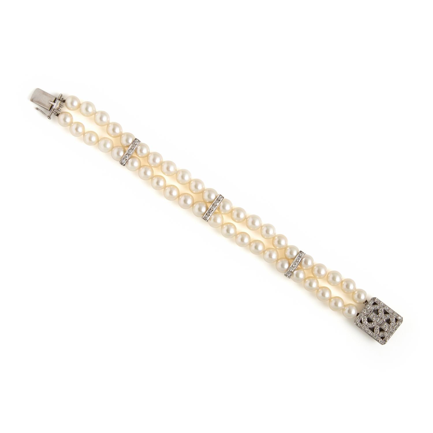 Cultured Pearl, Diamond, and White Gold Bracelet
