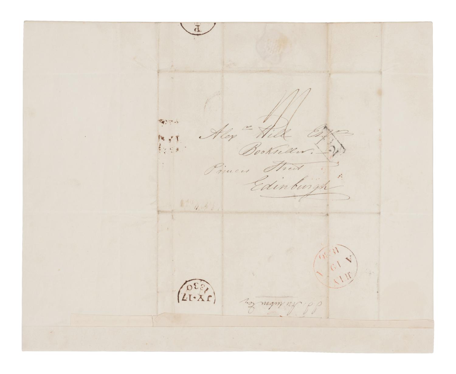 AUDUBON, John James (1785-1851). Autograph letter signed ("John J. Audubon") to Edinburgh bookseller Alexander Hill. London, 17 July 1830. One page, 4to (252 x 202 mm), with integral leaf addressed in holograph. Mailing folds, a few minor spots, remnants of mounting strip on integral address leaf.