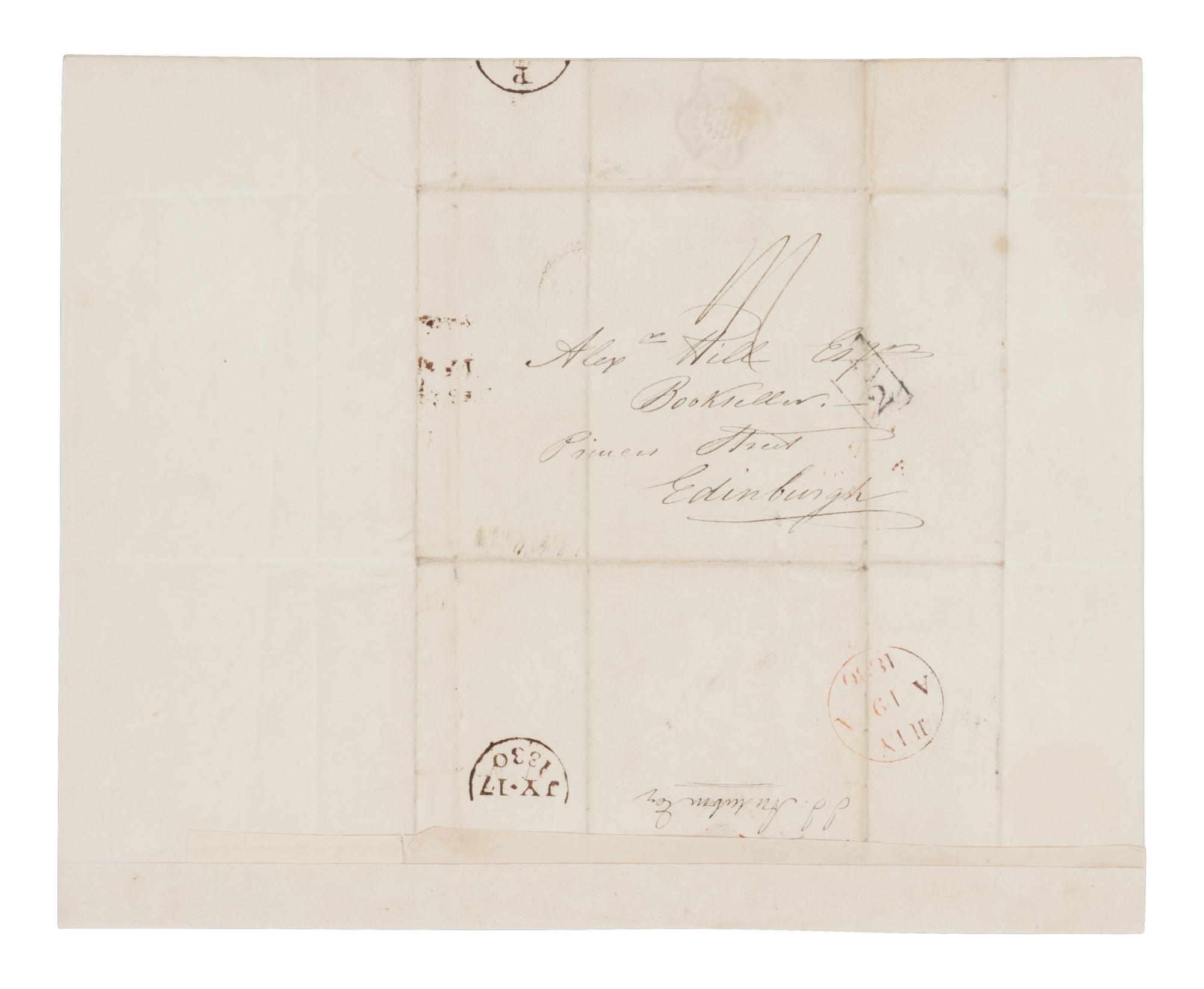 AUDUBON, John James (1785-1851). Autograph letter signed ("John J. Audubon") to Edinburgh bookseller Alexander Hill. London, 17 July 1830. One page, 4to (252 x 202 mm), with integral leaf addressed in holograph. Mailing folds, a few minor spots, remnants of mounting strip on integral address leaf.