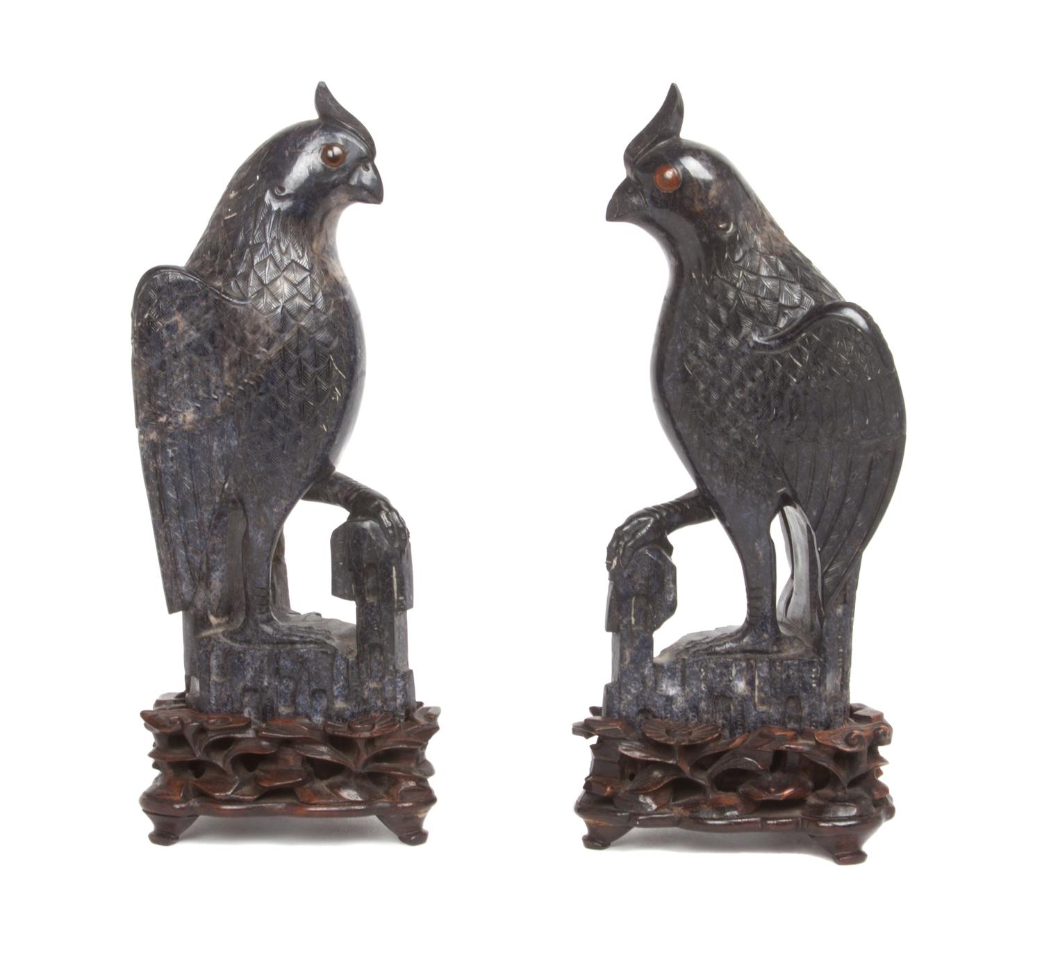 A Pair of Carved Hardstone Figures of Parrots Height 7 1/2 inches.