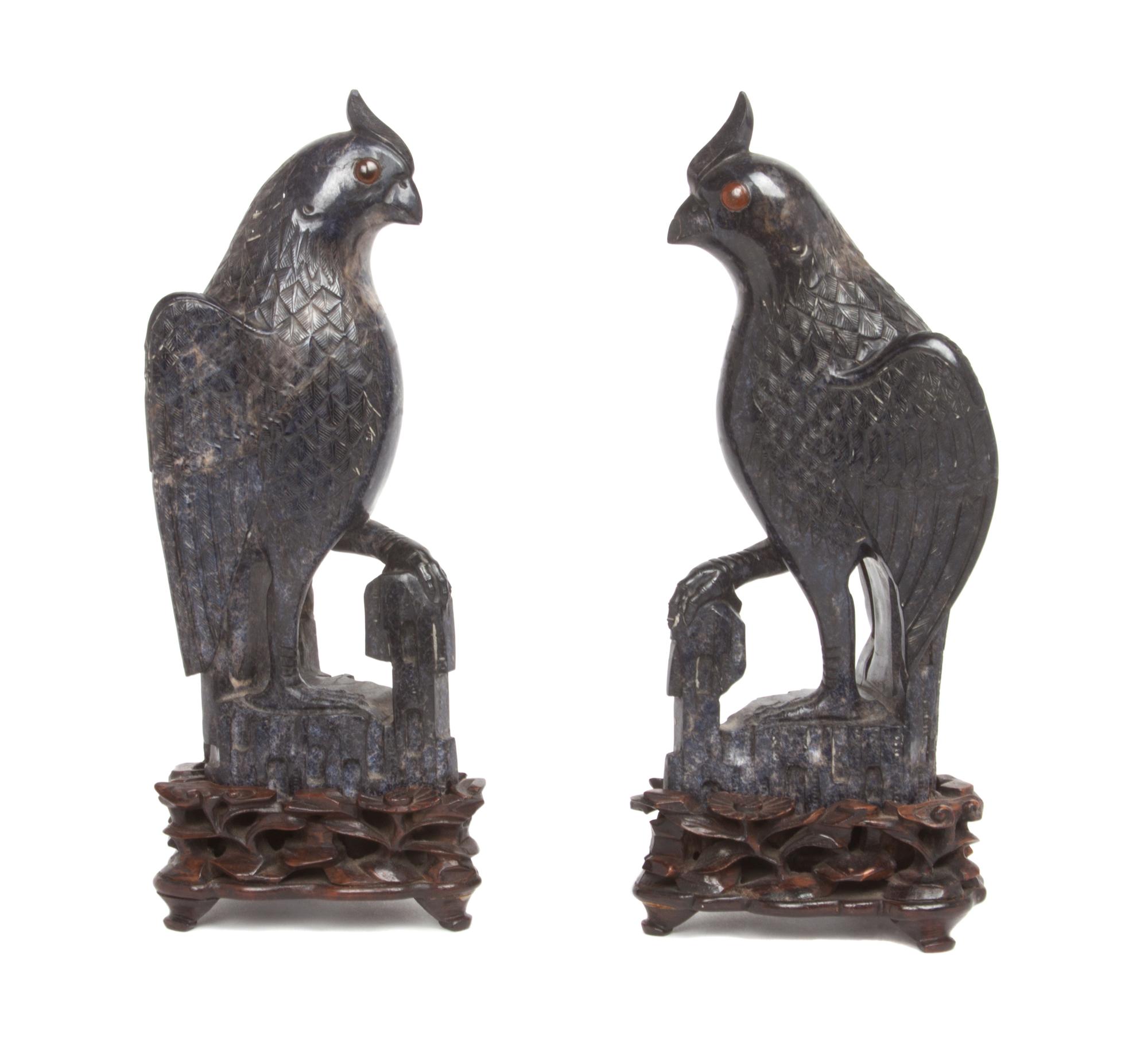 A Pair of Carved Hardstone Figures of Parrots Height 7 1/2 inches.