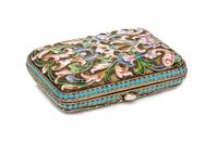 A Russiam Enameled Silver Cigarette Case, Possibly Sazikov, 1896-1908, of rectangular form with stylized foliate decoration.