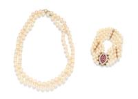 A Collection of 14 Karat Gold and Cultured Pearl Jewelry, 38.40 dwts.